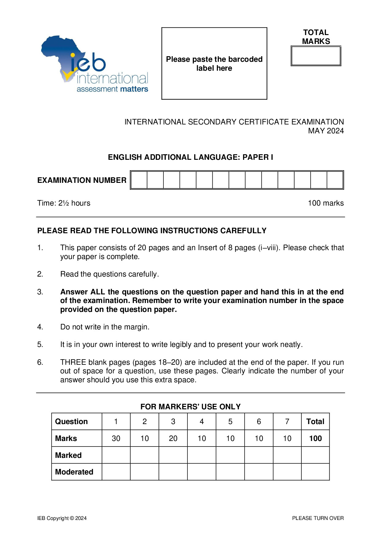 Preview of ISC English AL P1 May 2024 Gr12