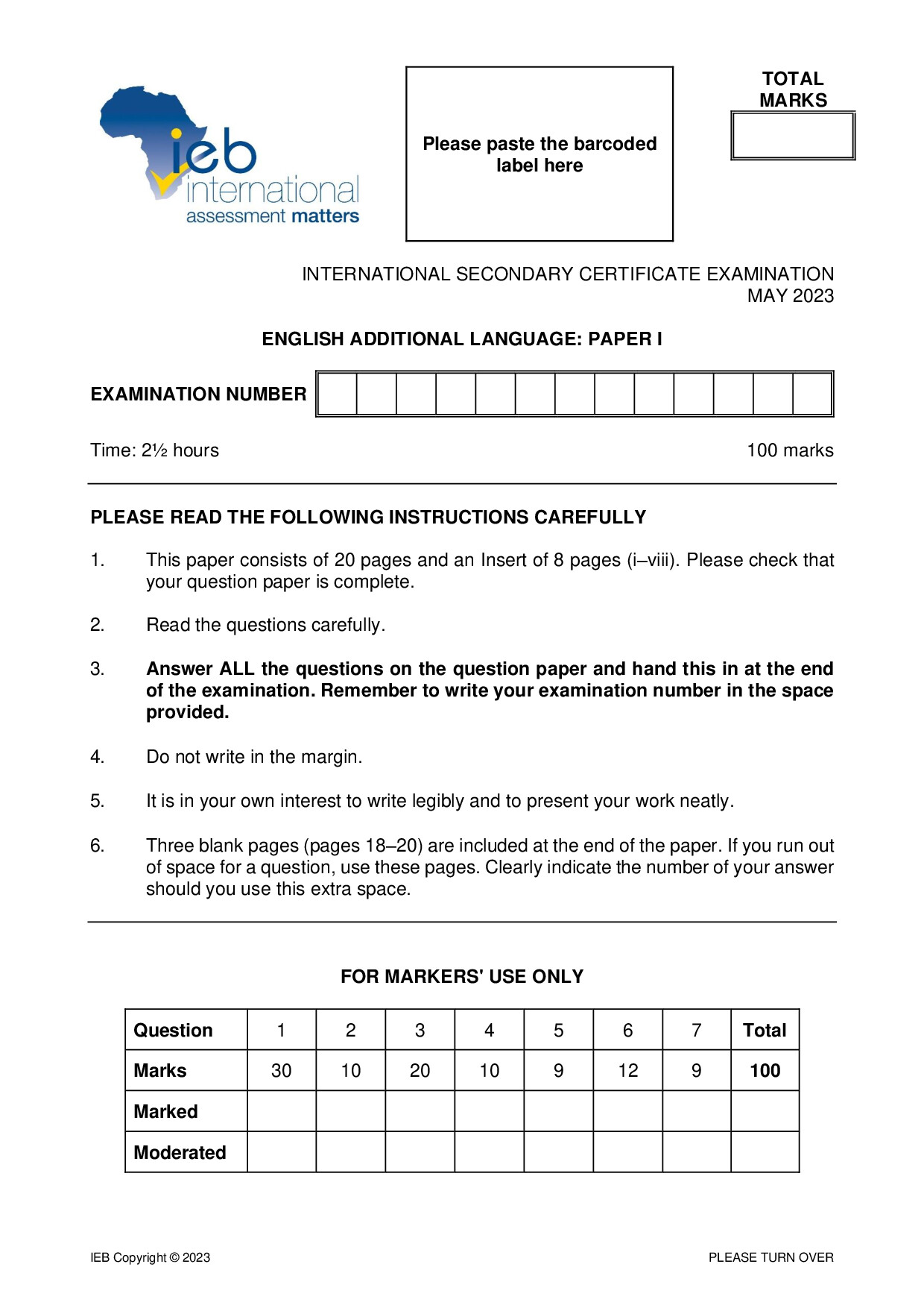 Preview of ISC English AL P1 May 2023 Gr12