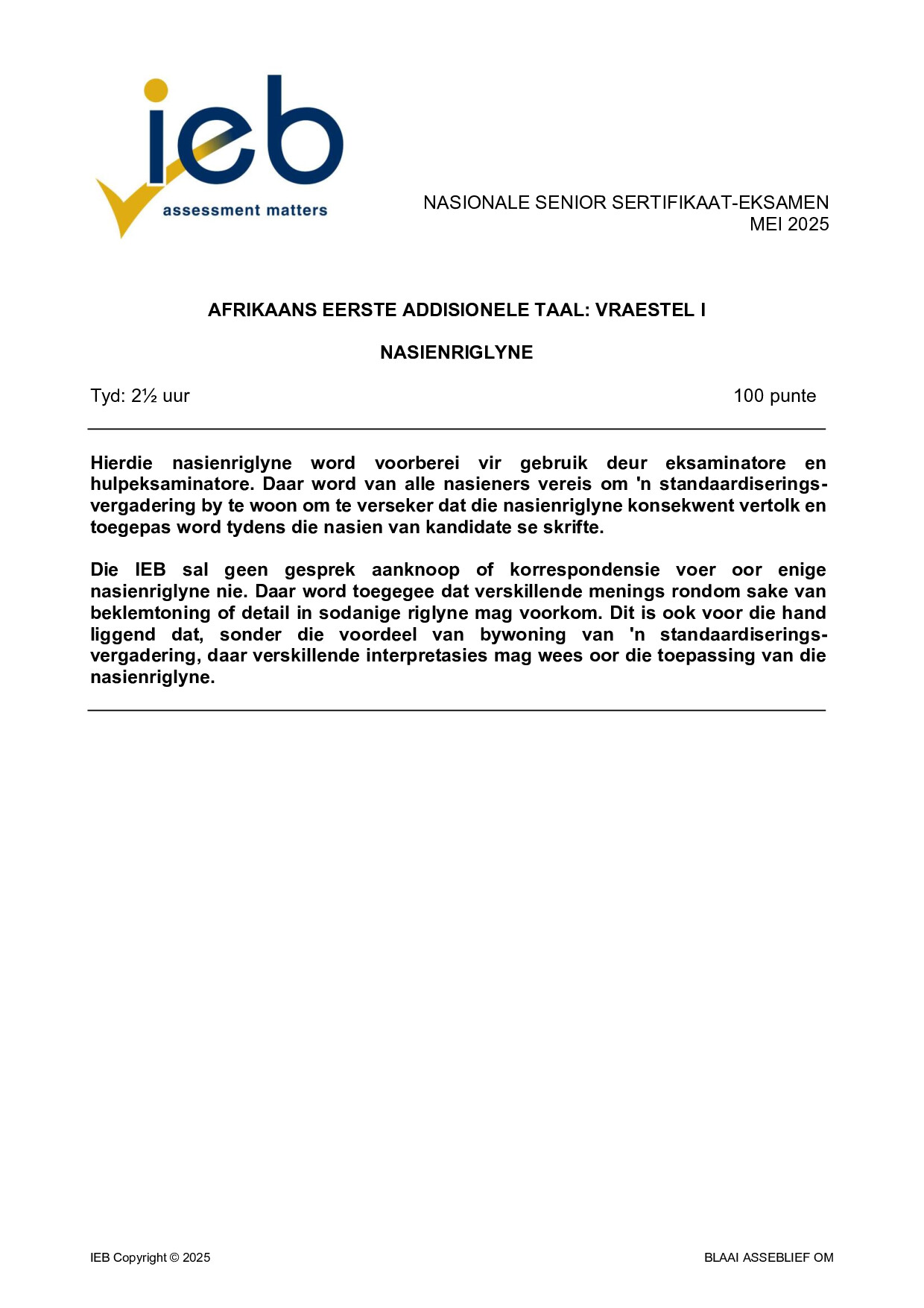 Preview of NSC Afrikaans FAL P1 Memo May 2025 Gr12