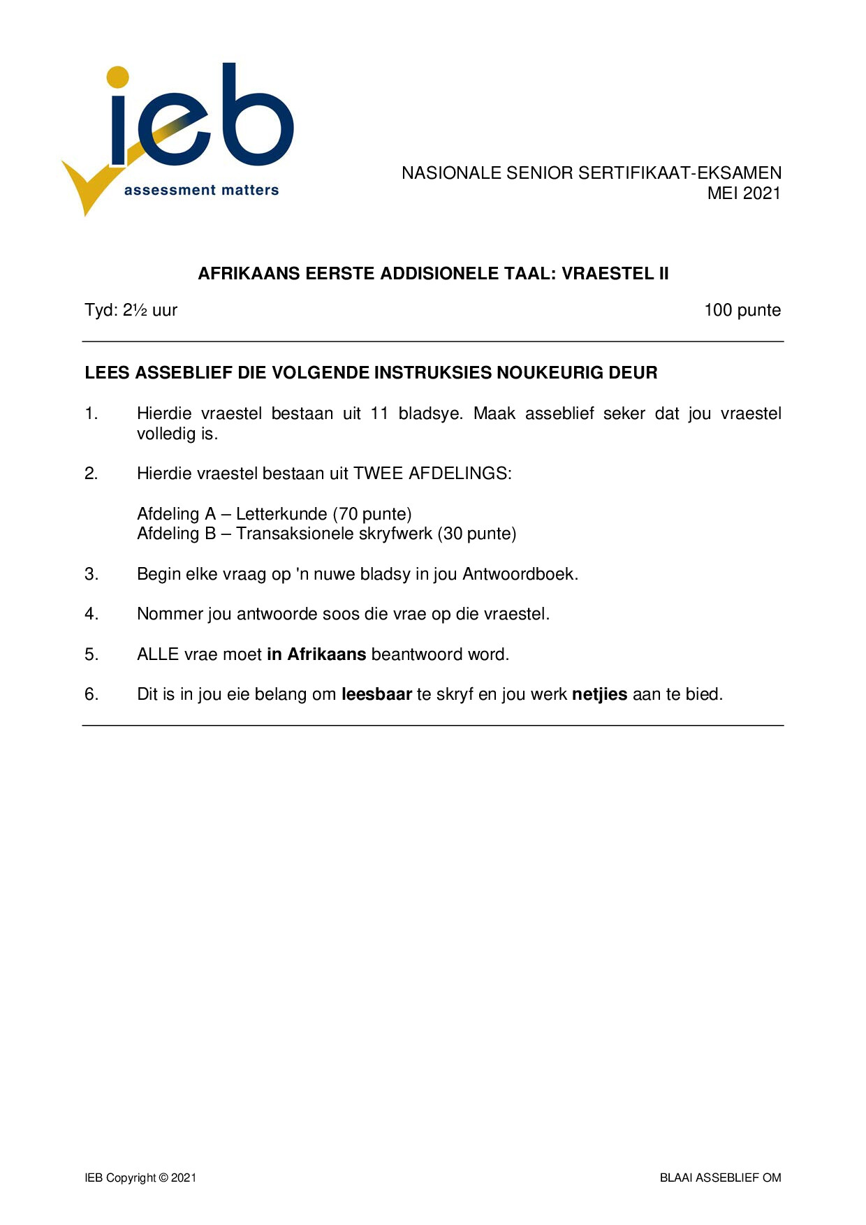 Preview of Afrikaans FAL P2 May 2021 Gr12