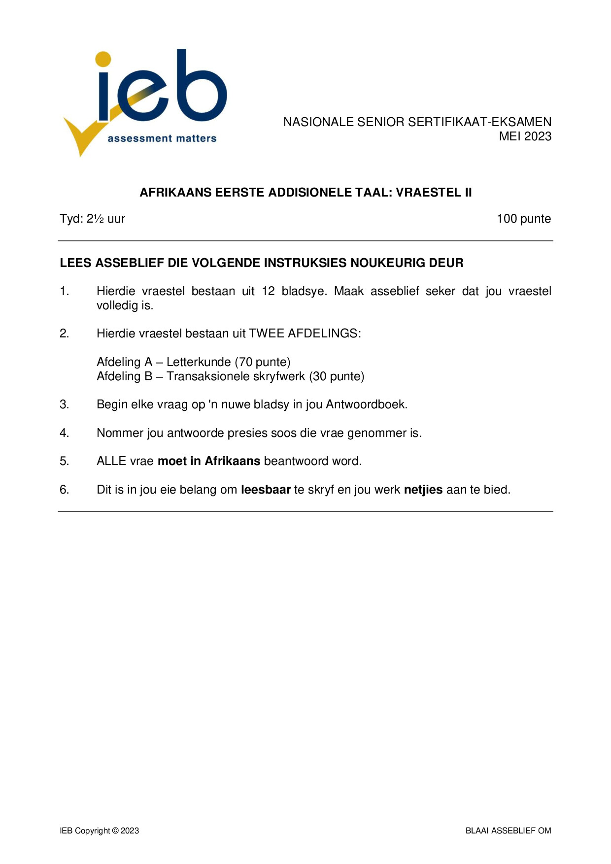 Preview of NSC Afrikaans FAL P2 May 2023 Gr12