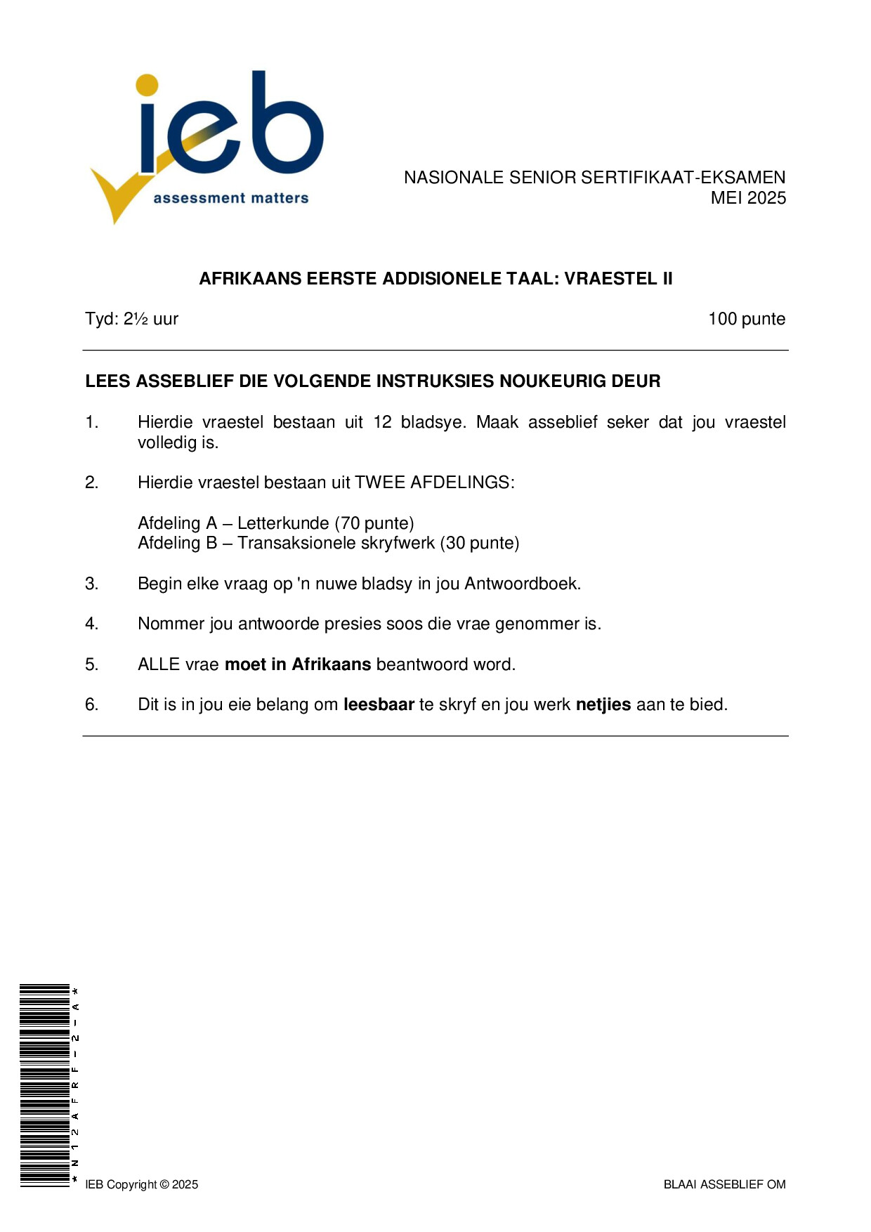 Preview of NSC Afrikaans FAL P2 May 2025 Gr12