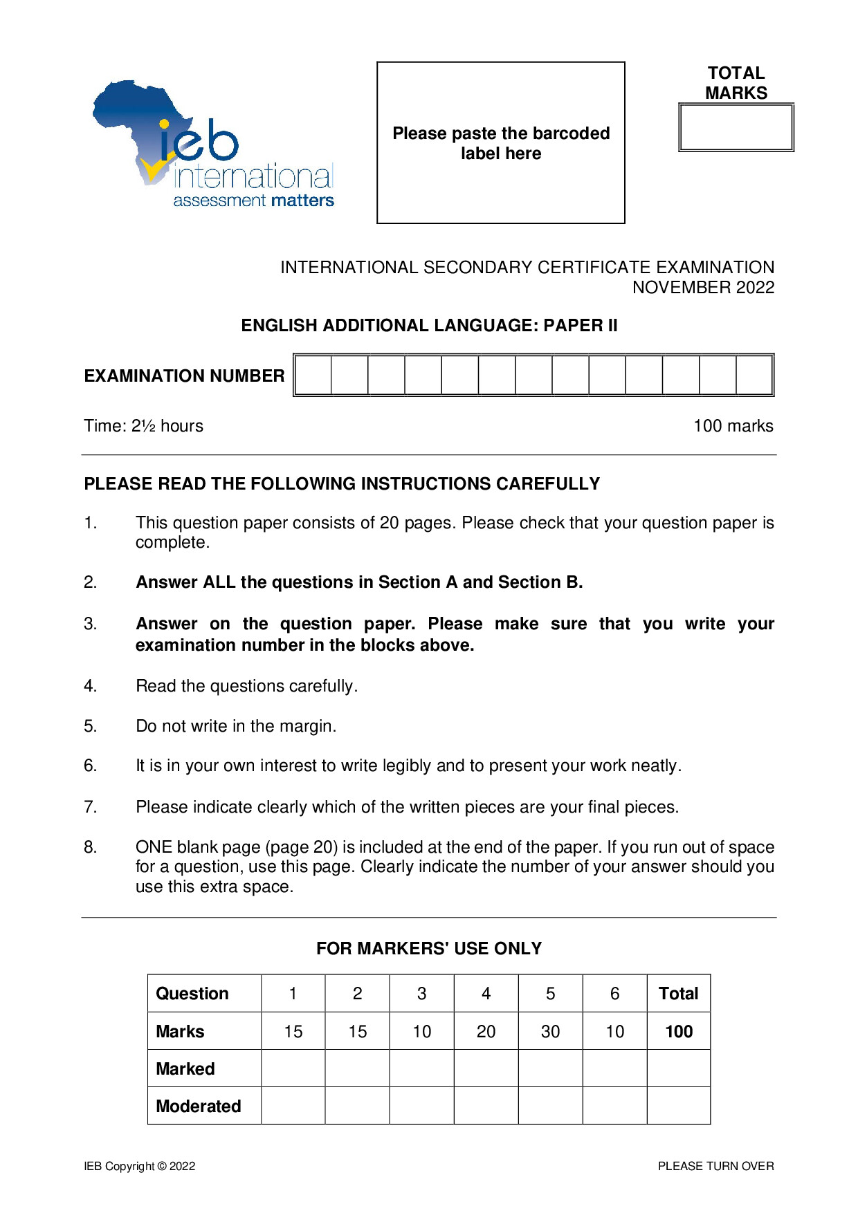 Preview of ISC English AL P2 2022 Gr12