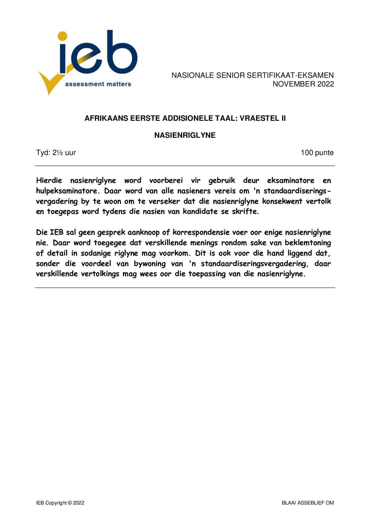 Preview of Afrikaans FAL P2 Memo 2022 Gr12