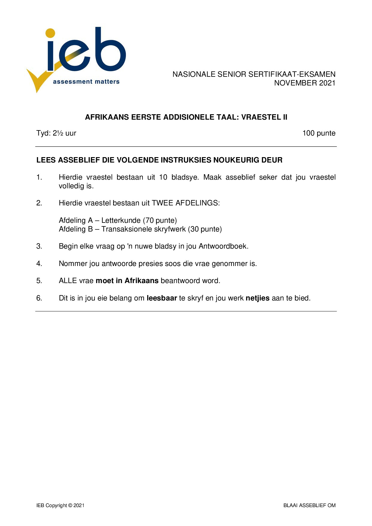 Preview of Afrikaans FAL P2 2021 Gr12