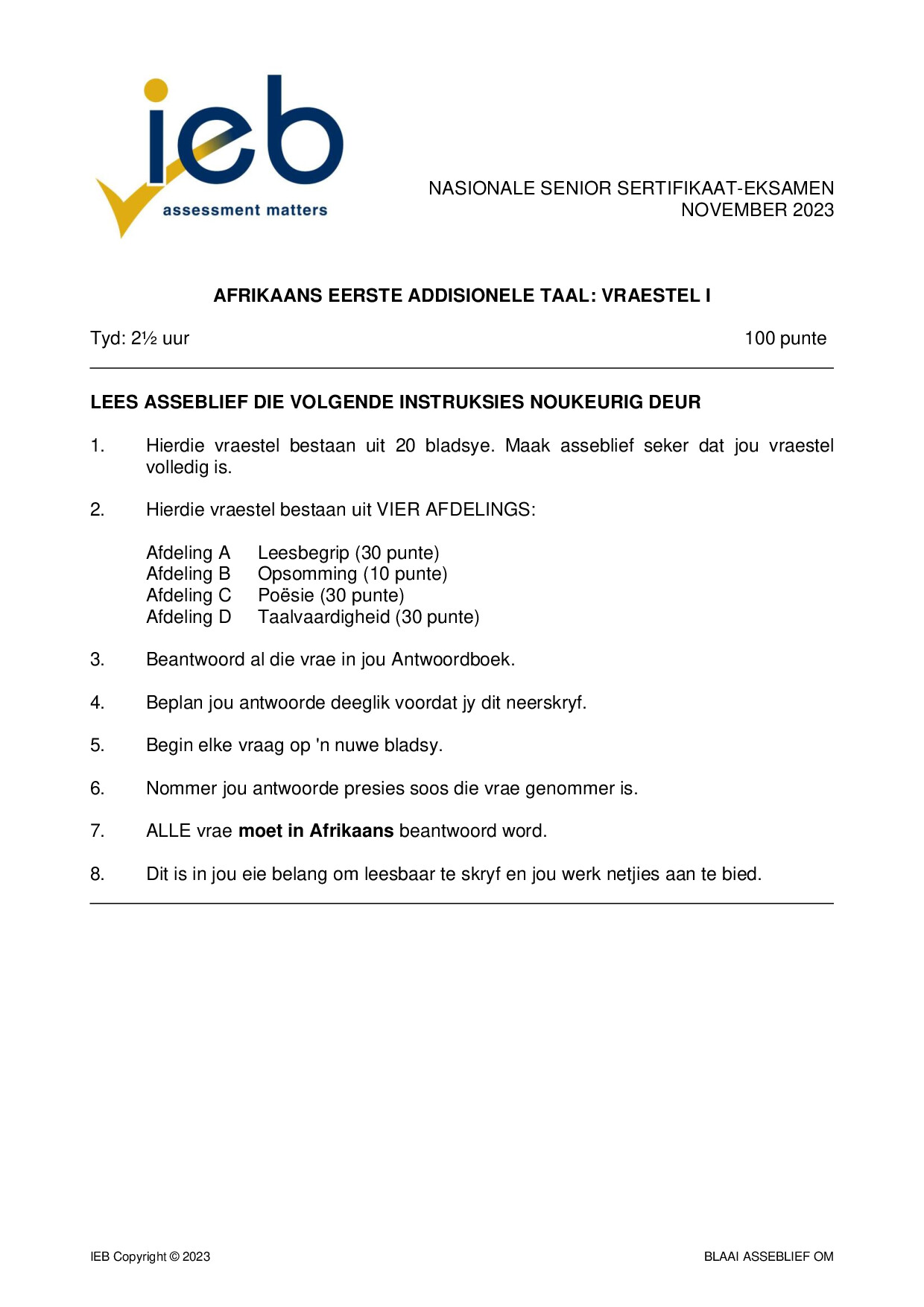 Preview of NSC Afrikaans FAL P1 2023 Gr12