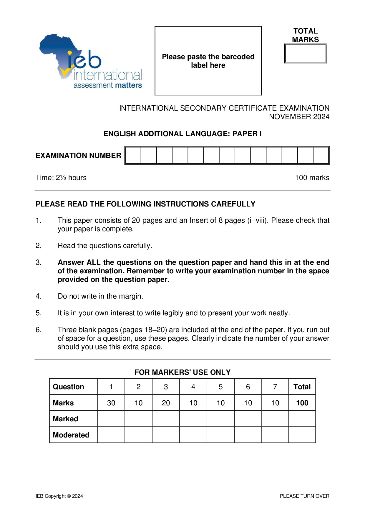 Preview of ISC English AL P1 2024 Gr12