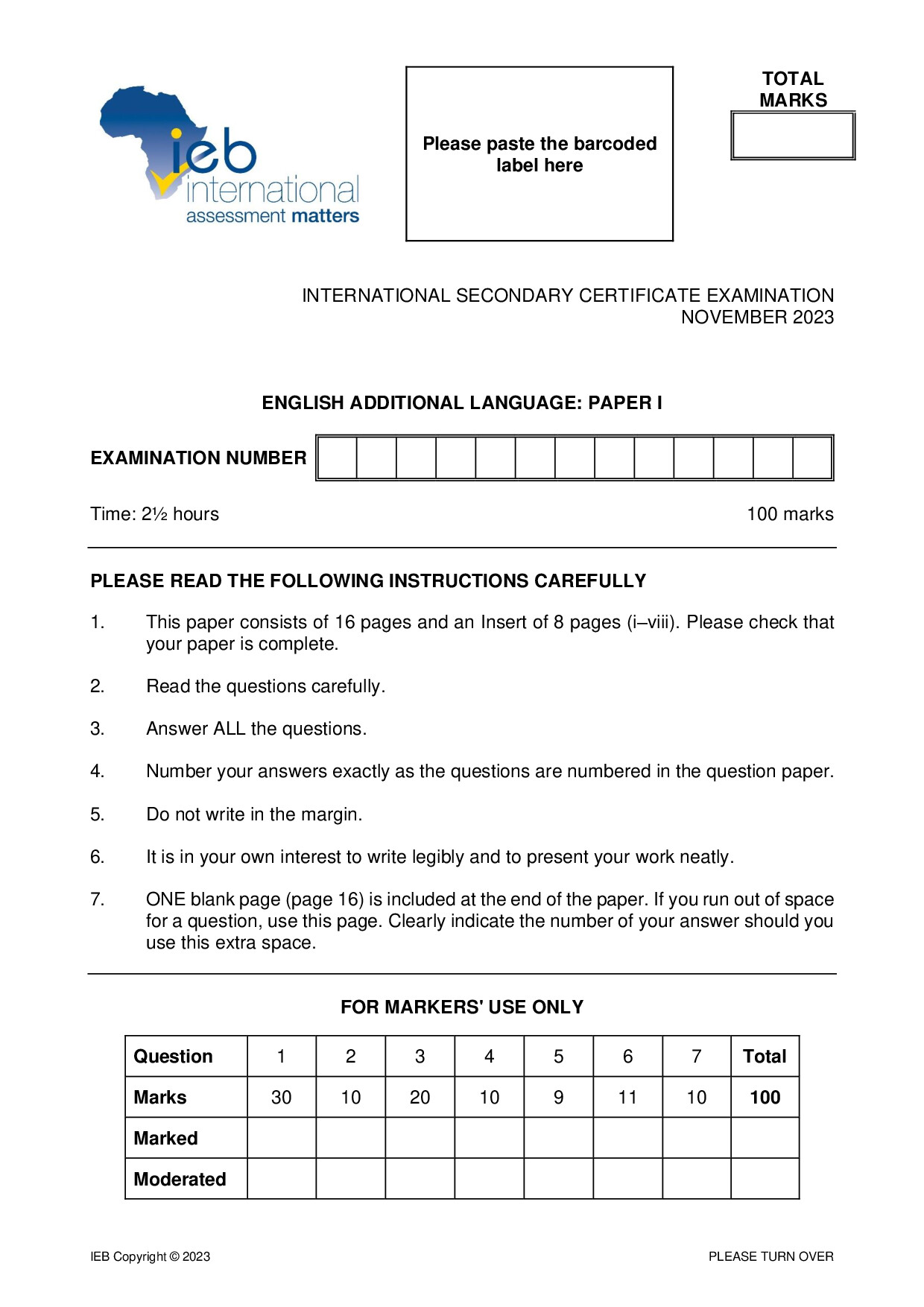 Preview of ISC English AL P1 2023 Gr12