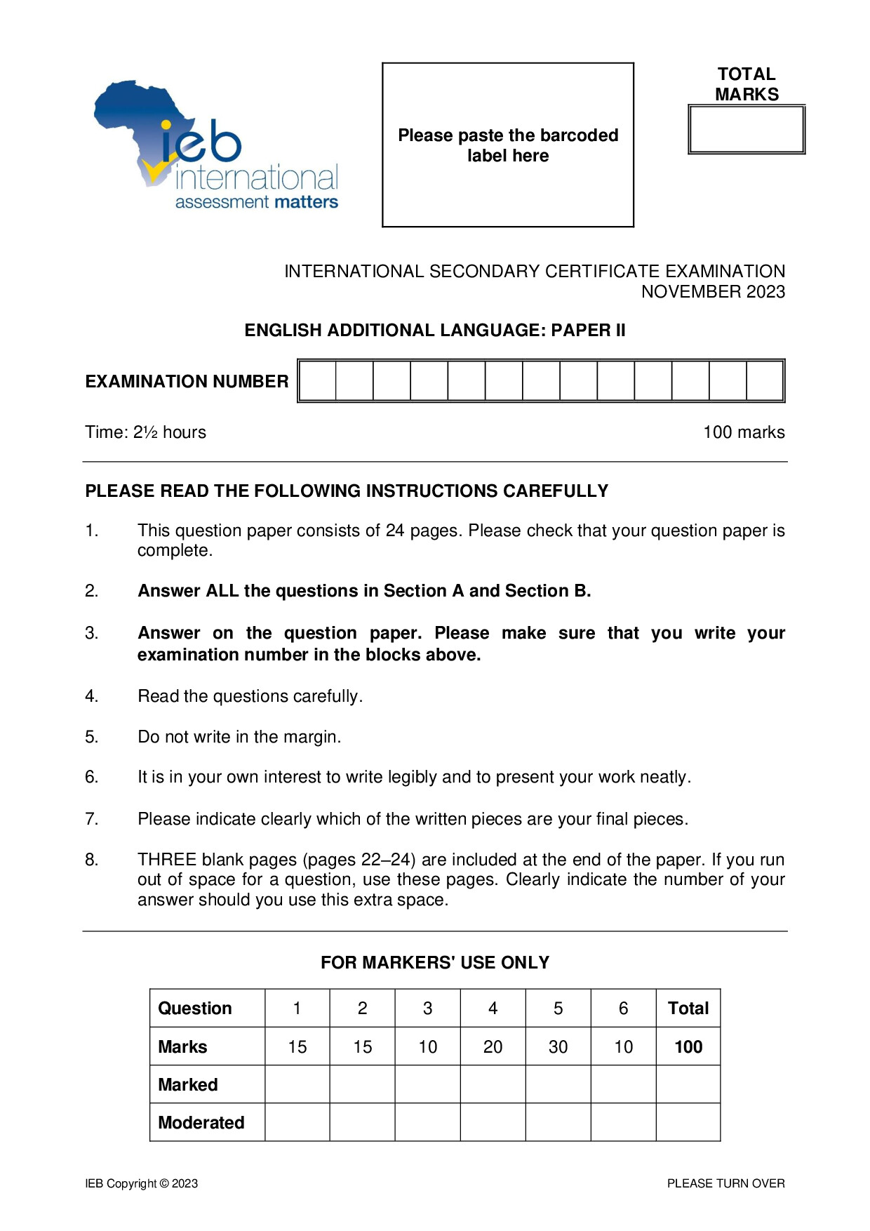 Preview of ISC English AL P2 2023 Gr12
