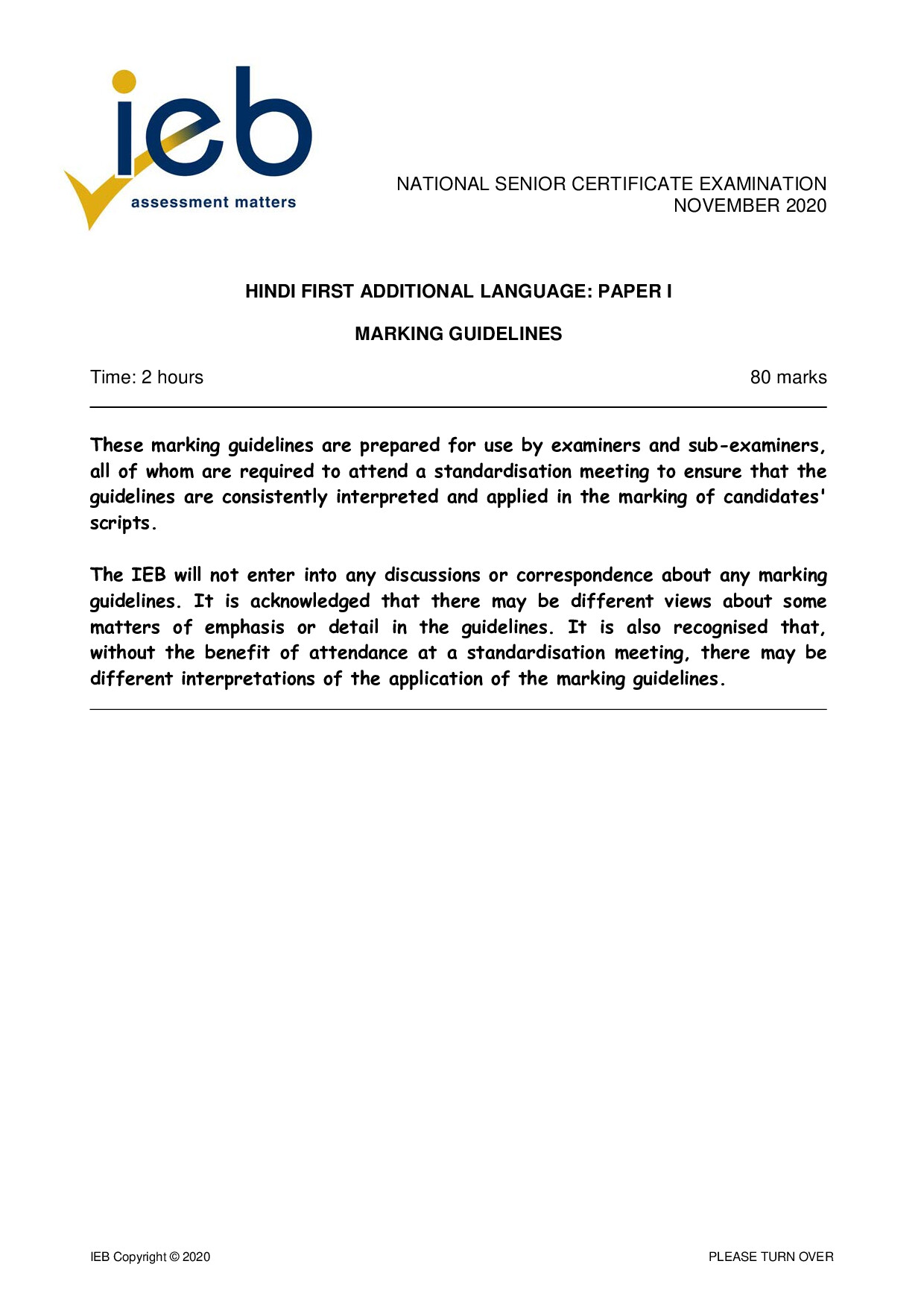 Preview of Hindi FAL P1 Memo 2020 Gr12