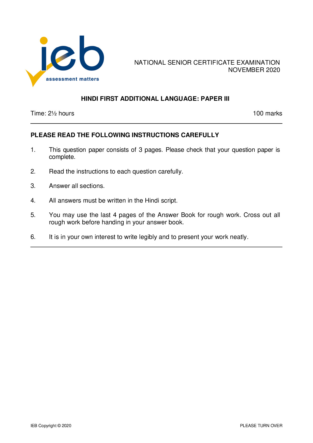 Preview of Hindi FAL P3 2020 Gr12