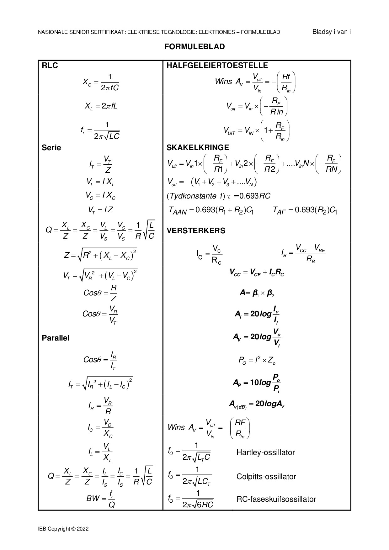 Preview of Electrical Technology P3 Electronics Formula Sheet 2022 Afr Gr12