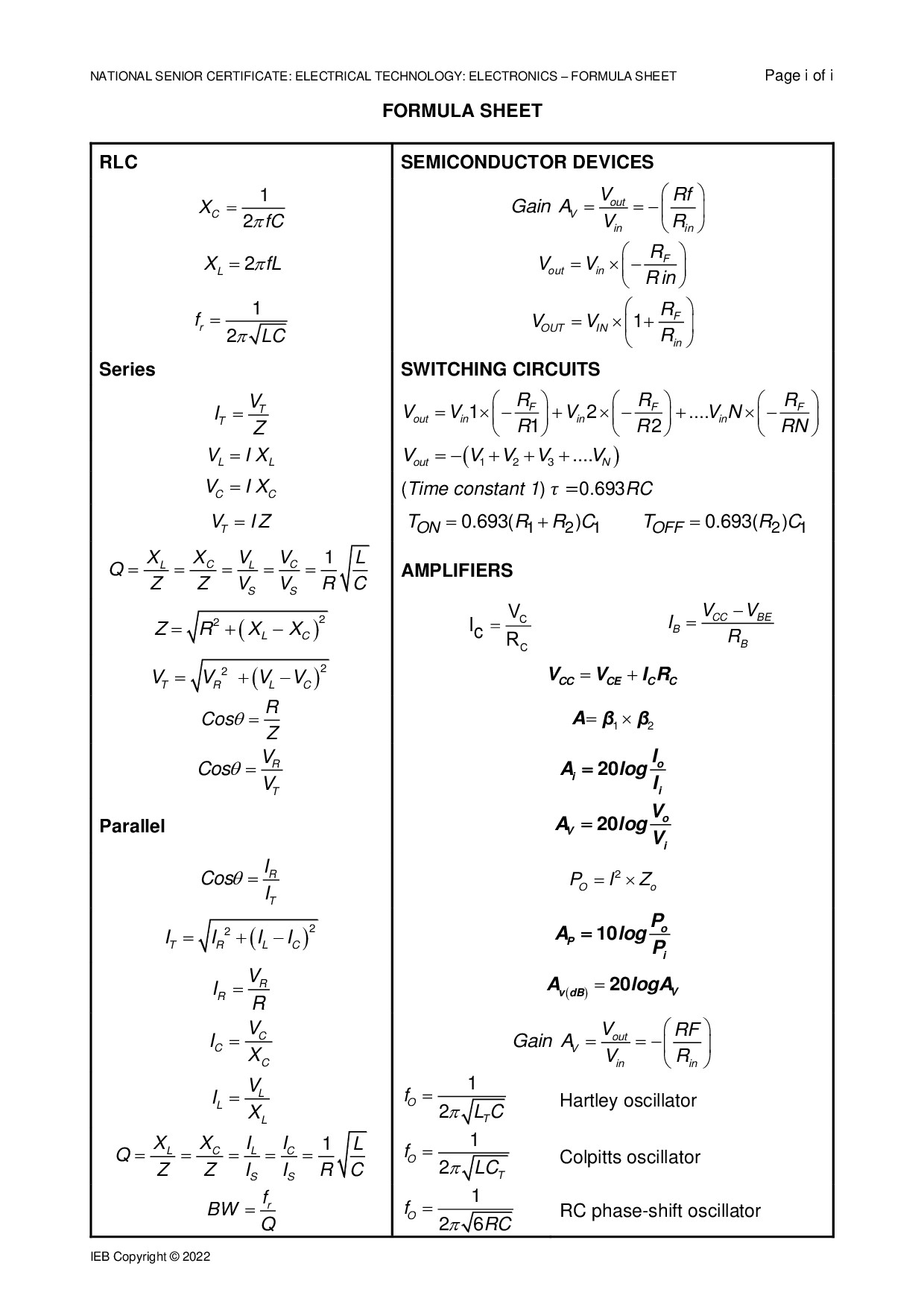Preview of Electrical Technology P3 Electronics Formula Sheet 2022 Gr12