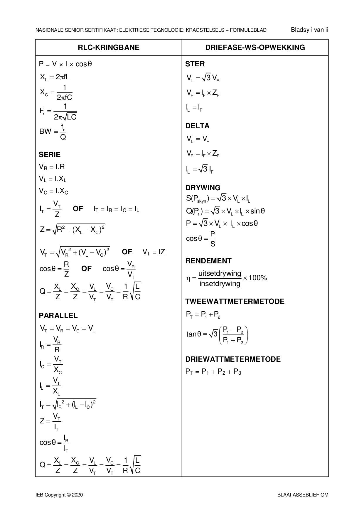 Preview of Electrical Technology Power Systems Formula Sheet 2020 Afr Gr12