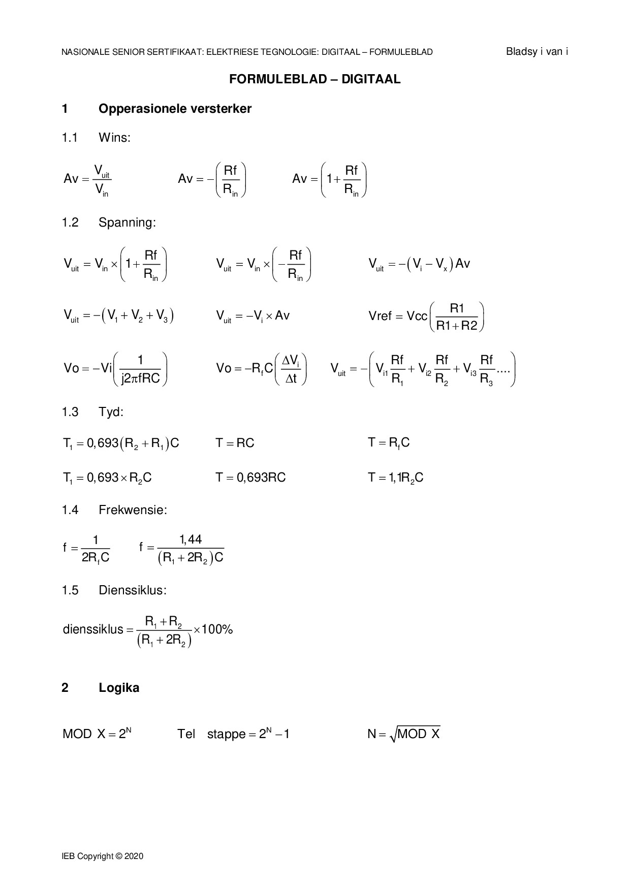 Preview of Electrical Technology Digital Formula Sheet 2020 Afr Gr12