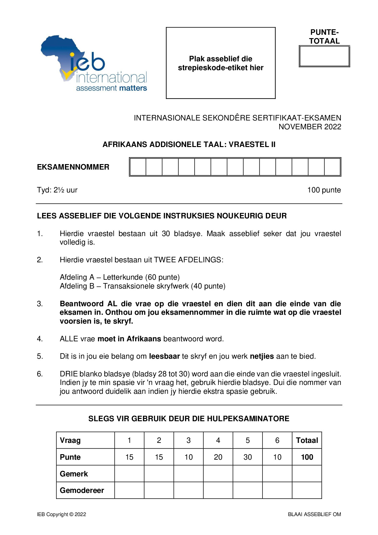 Preview of ISC Afrikaans AL P2 2022 Gr12