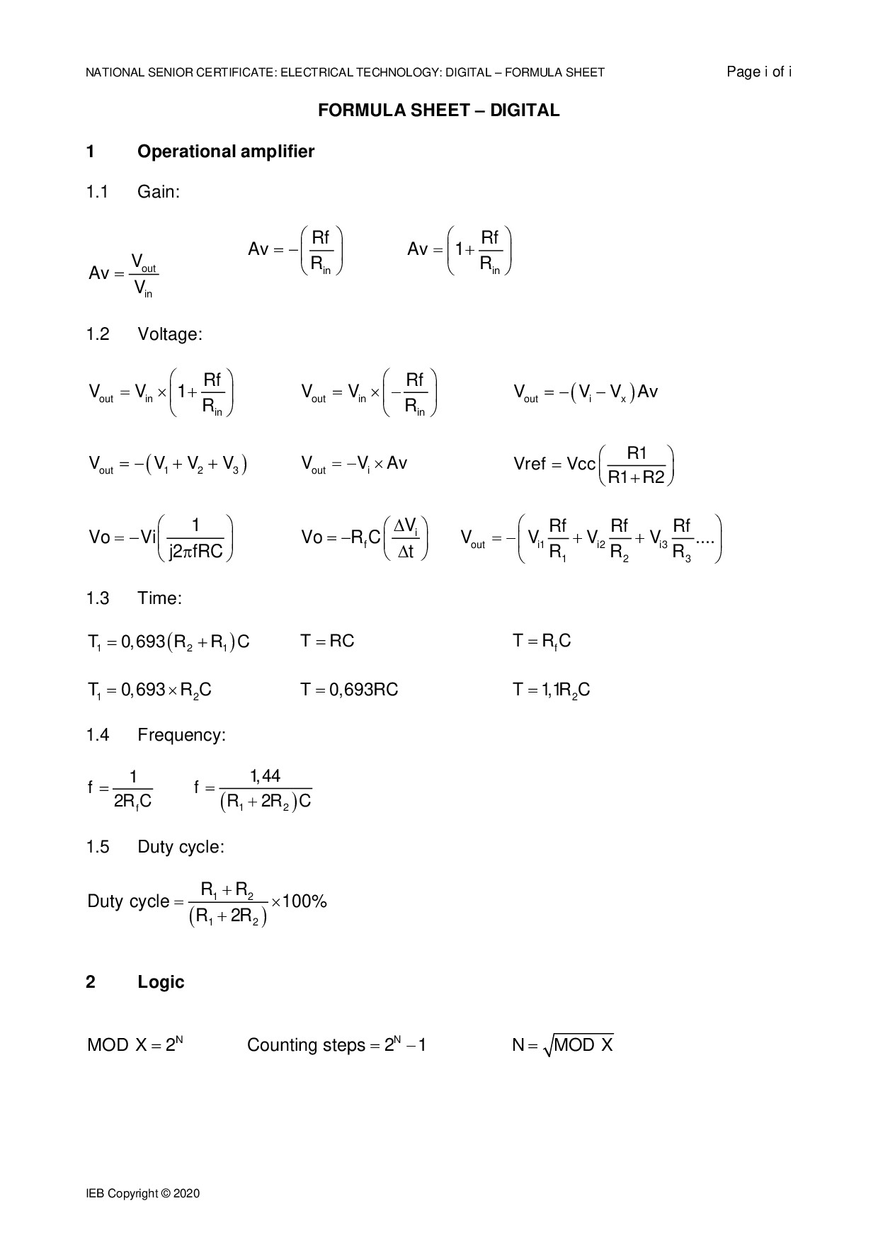 Preview of Electrical Technology Digital Formula Sheet 2020 Gr12