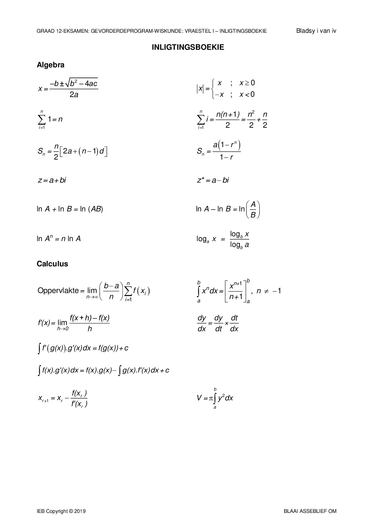 Preview of AP Maths P1 Info Booklet 2019 Afr Gr12