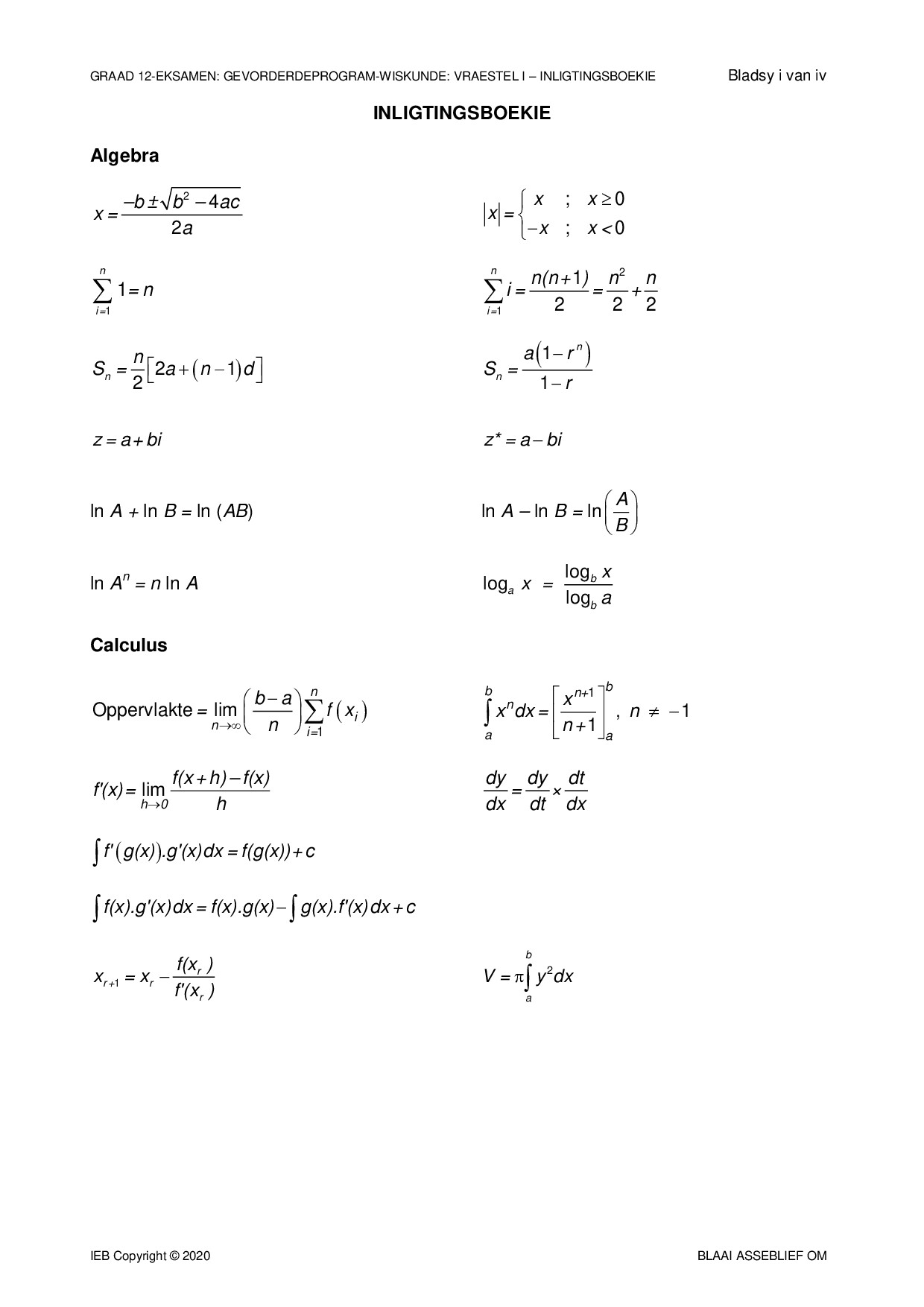 Preview of AP Maths P1 Info Booklet 2020 Afr Gr12