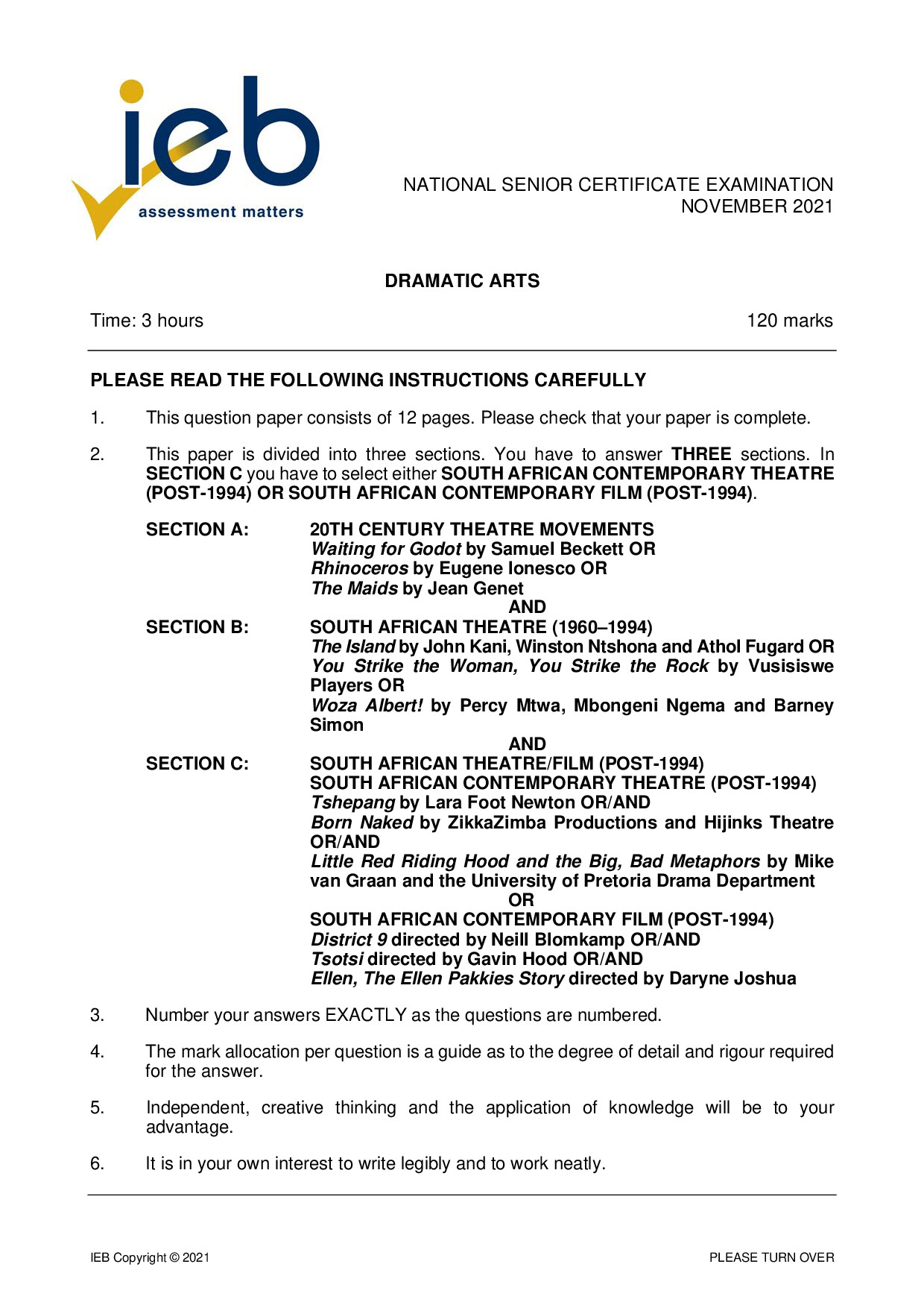 Preview of Dramatic Arts 2021 Gr12