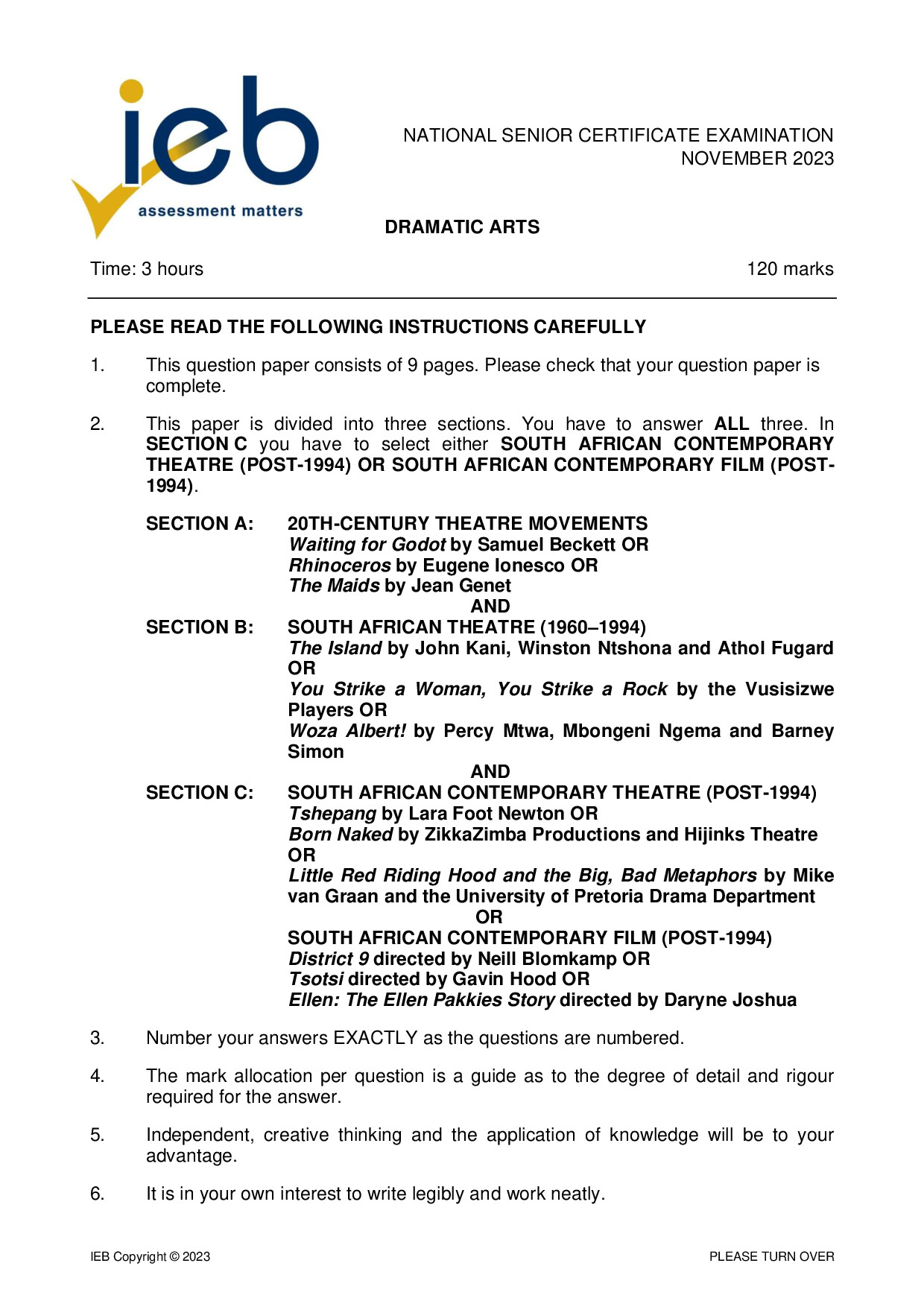 Preview of NSC Dramatic Arts 2023 Gr12