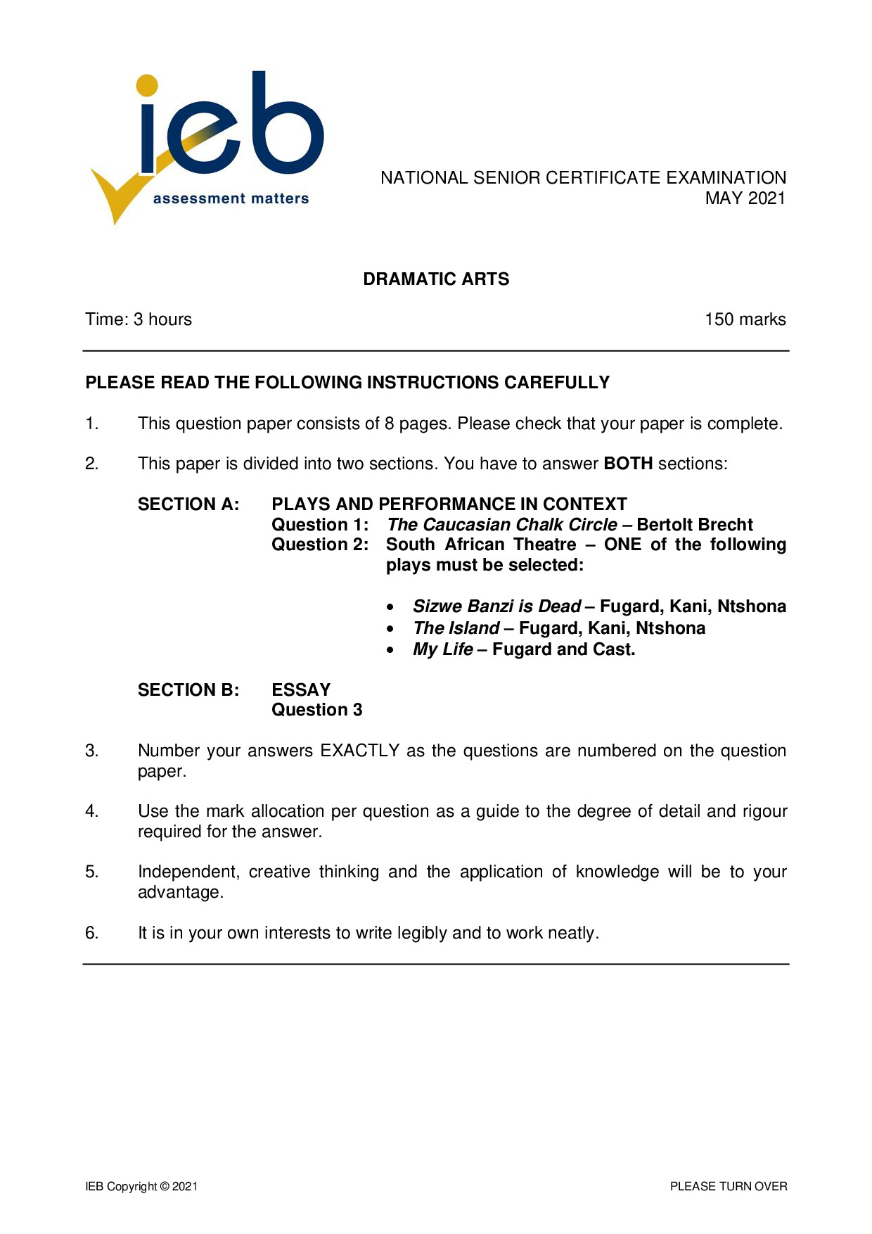 Preview of Dramatic Arts May 2021 Gr12