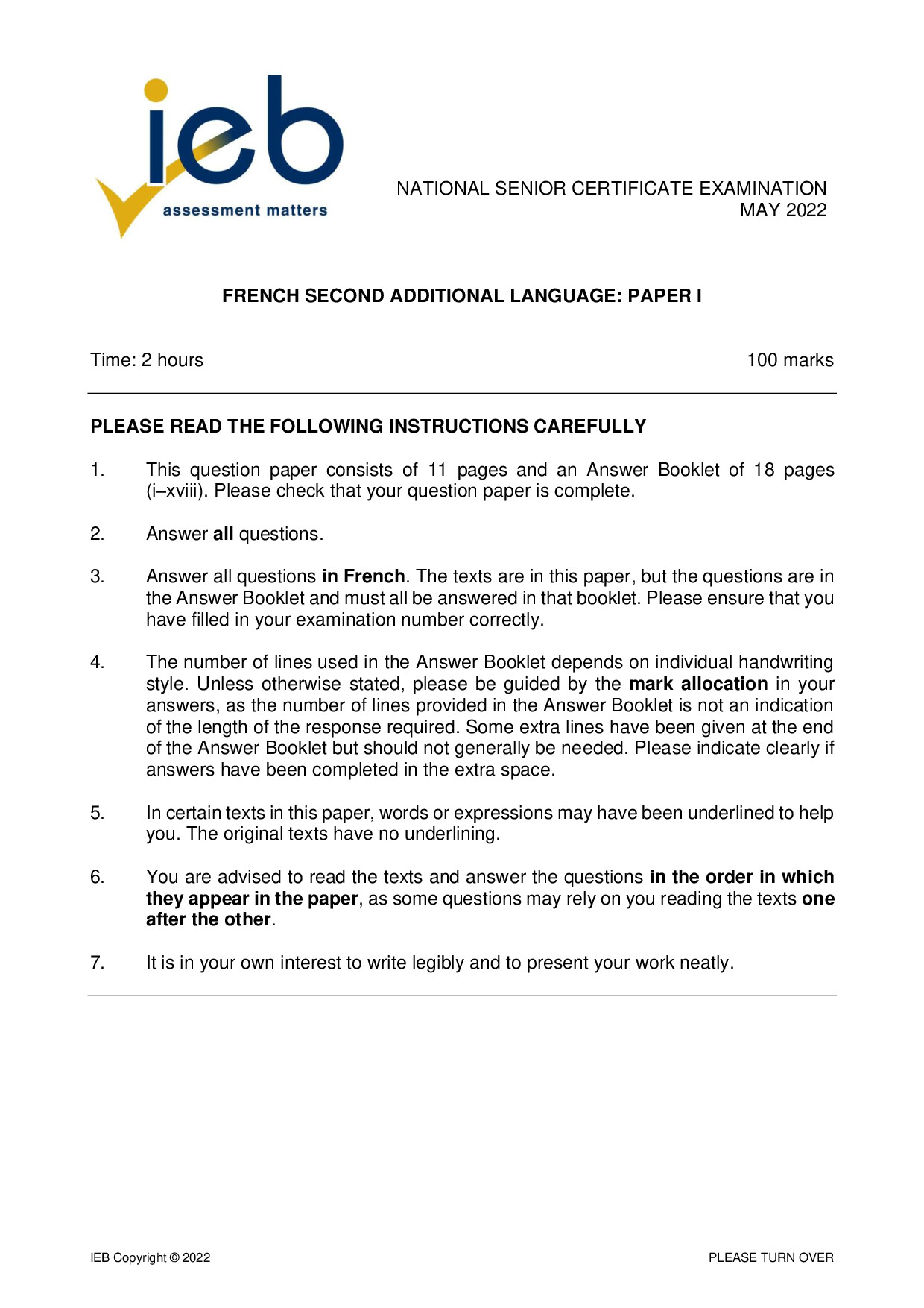 Preview of French SAL P1 May 2022 Gr12