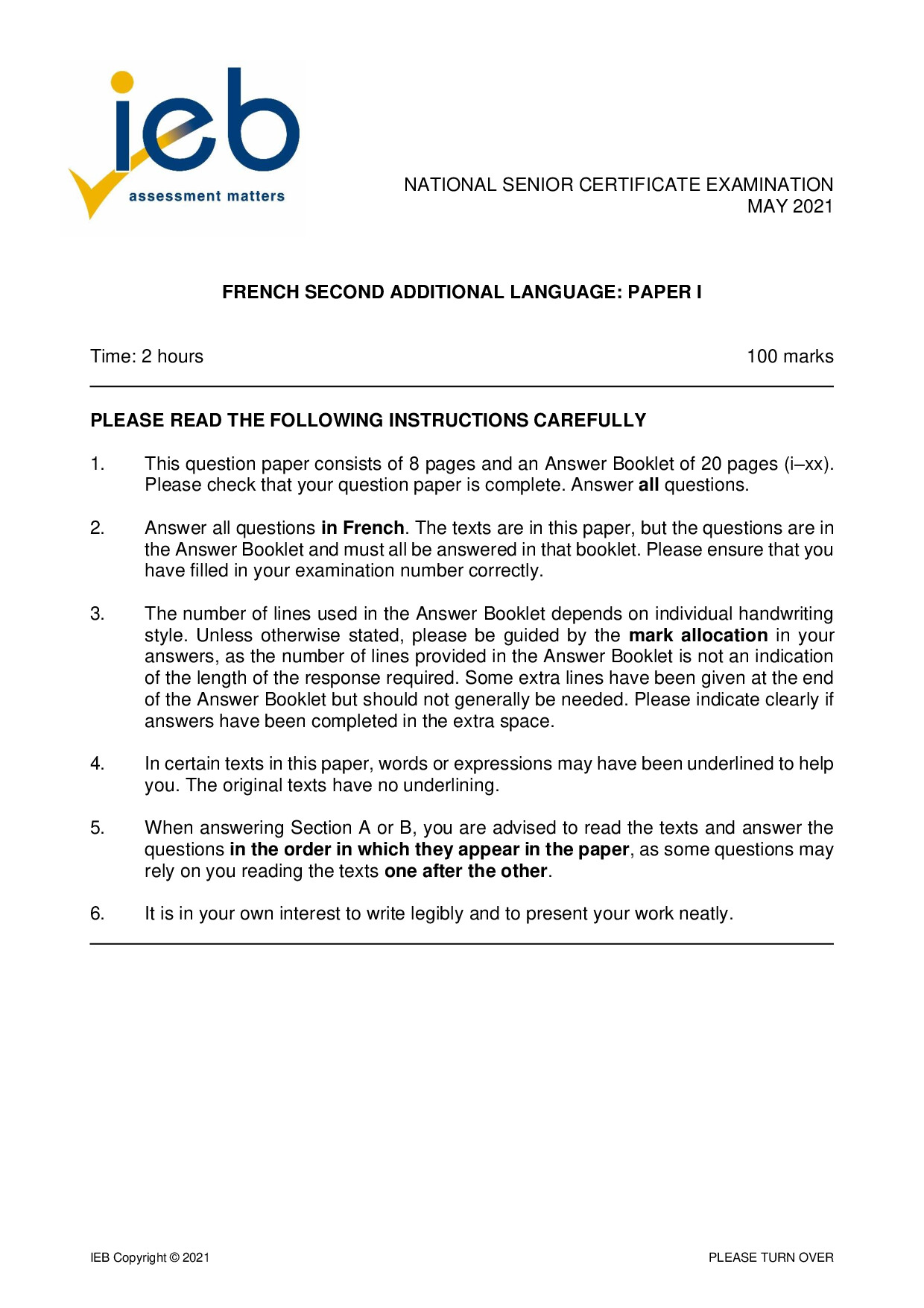 Preview of French SAL P1 May 2021 Gr12