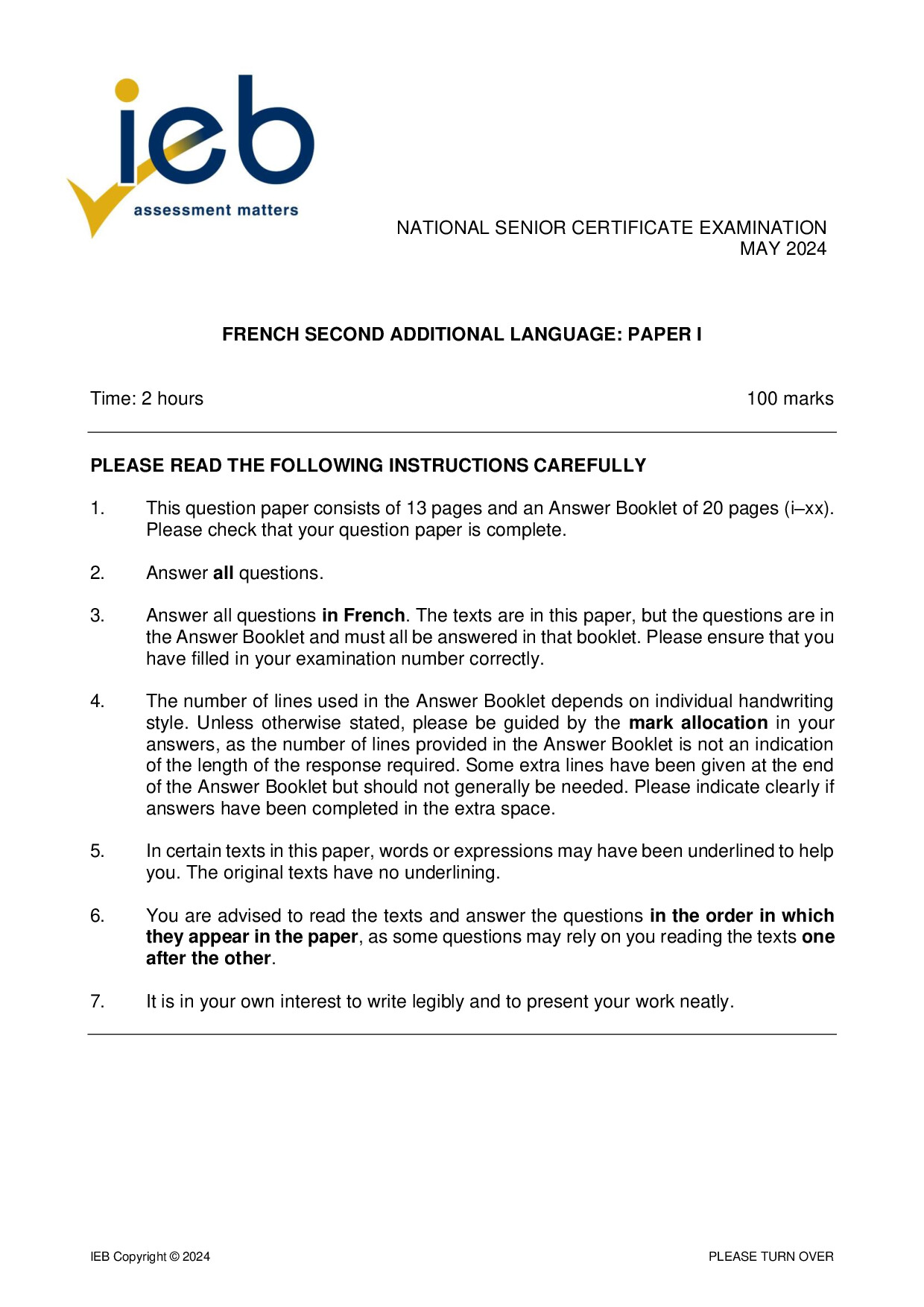 Preview of NSC French SAL P1 May 2024 Gr12