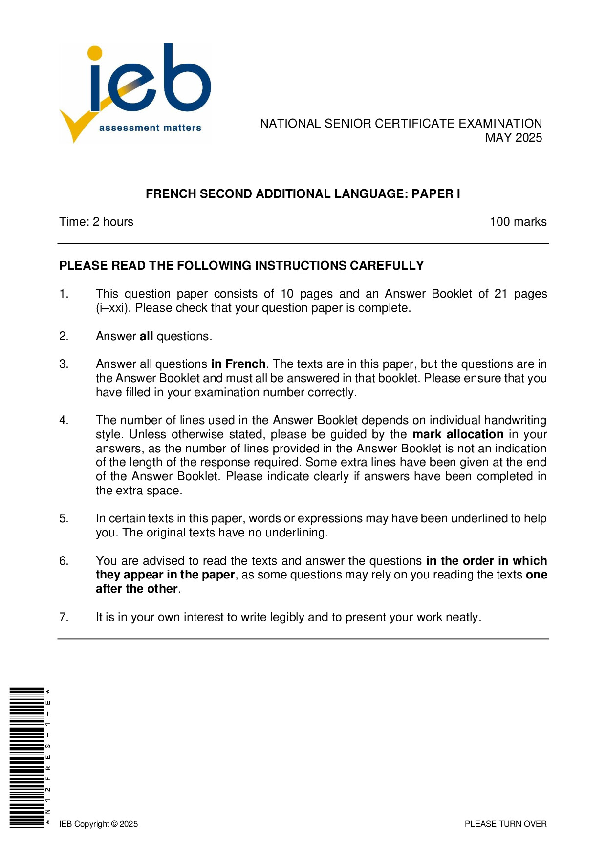 Preview of NSC French SAL P1 May 2025 Gr12
