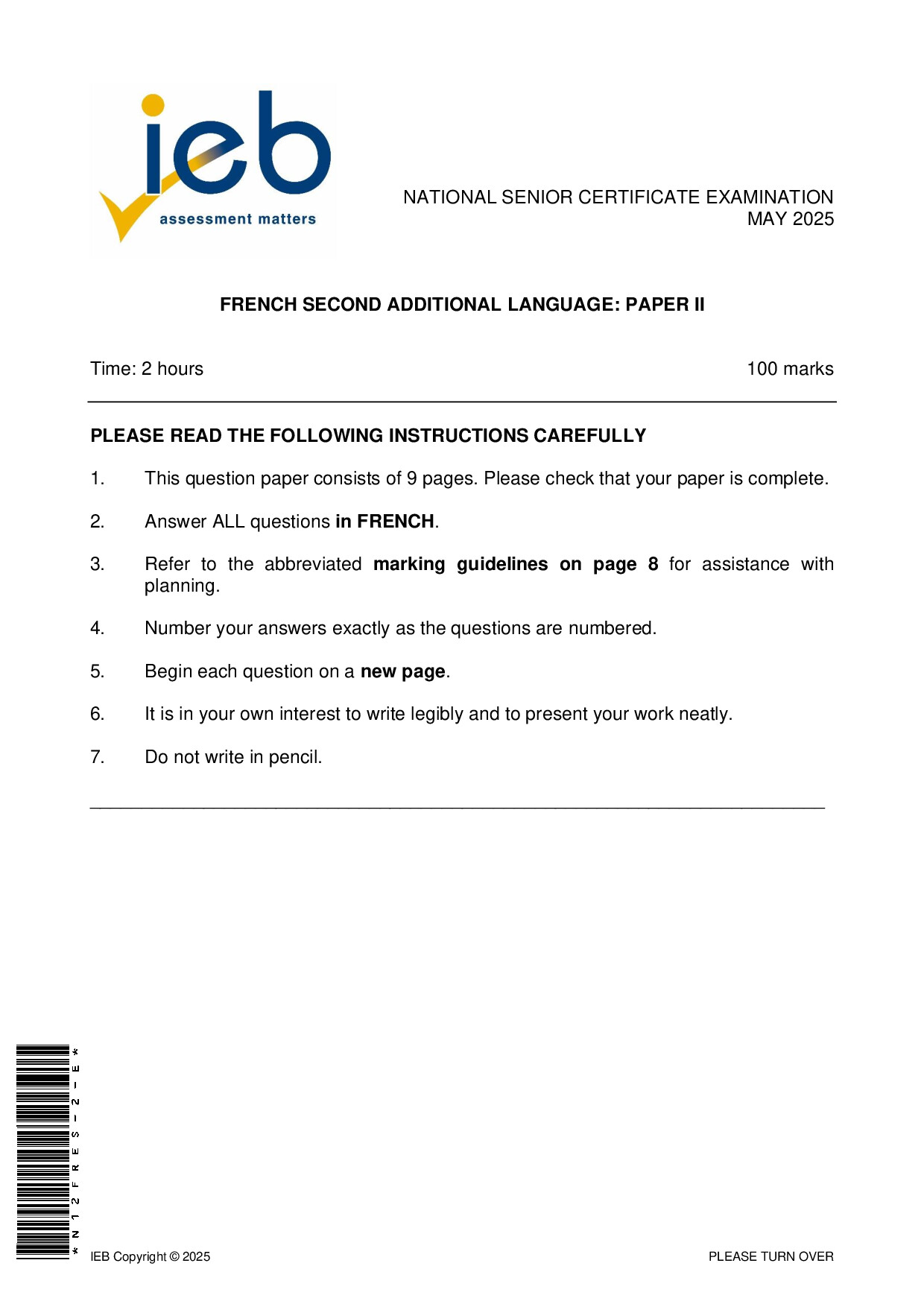 Preview of NSC French SAL P2 May 2025 Gr12