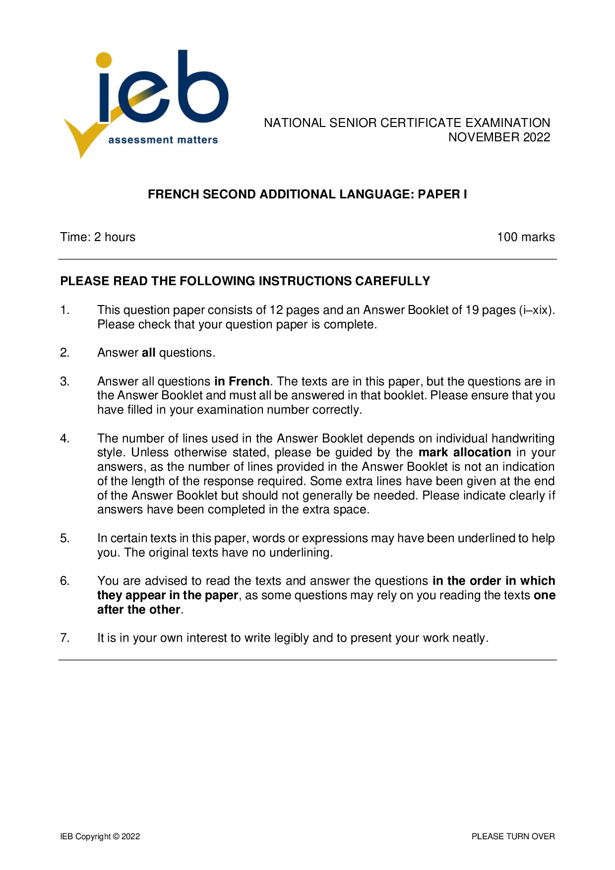 Preview of French SAL P1 2022 Gr12