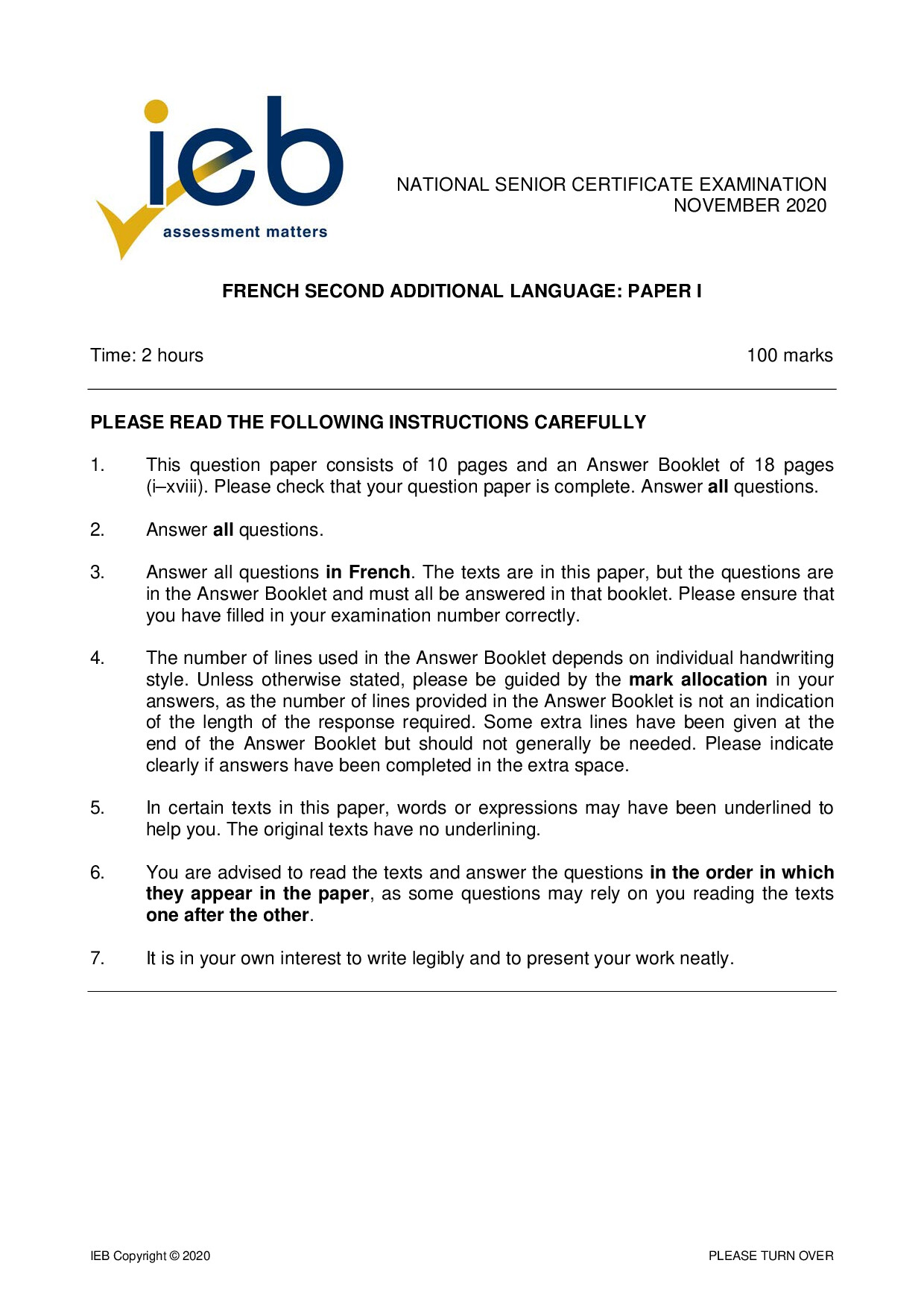 Preview of French SAL P1 2020 Gr12