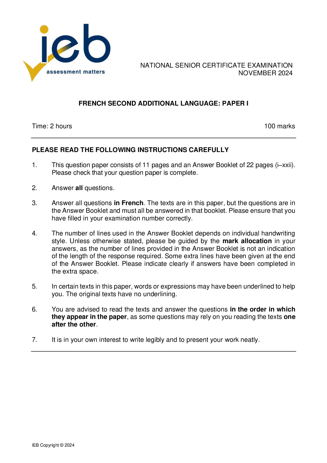 Preview of NSC French SAL P1 2024 Gr12