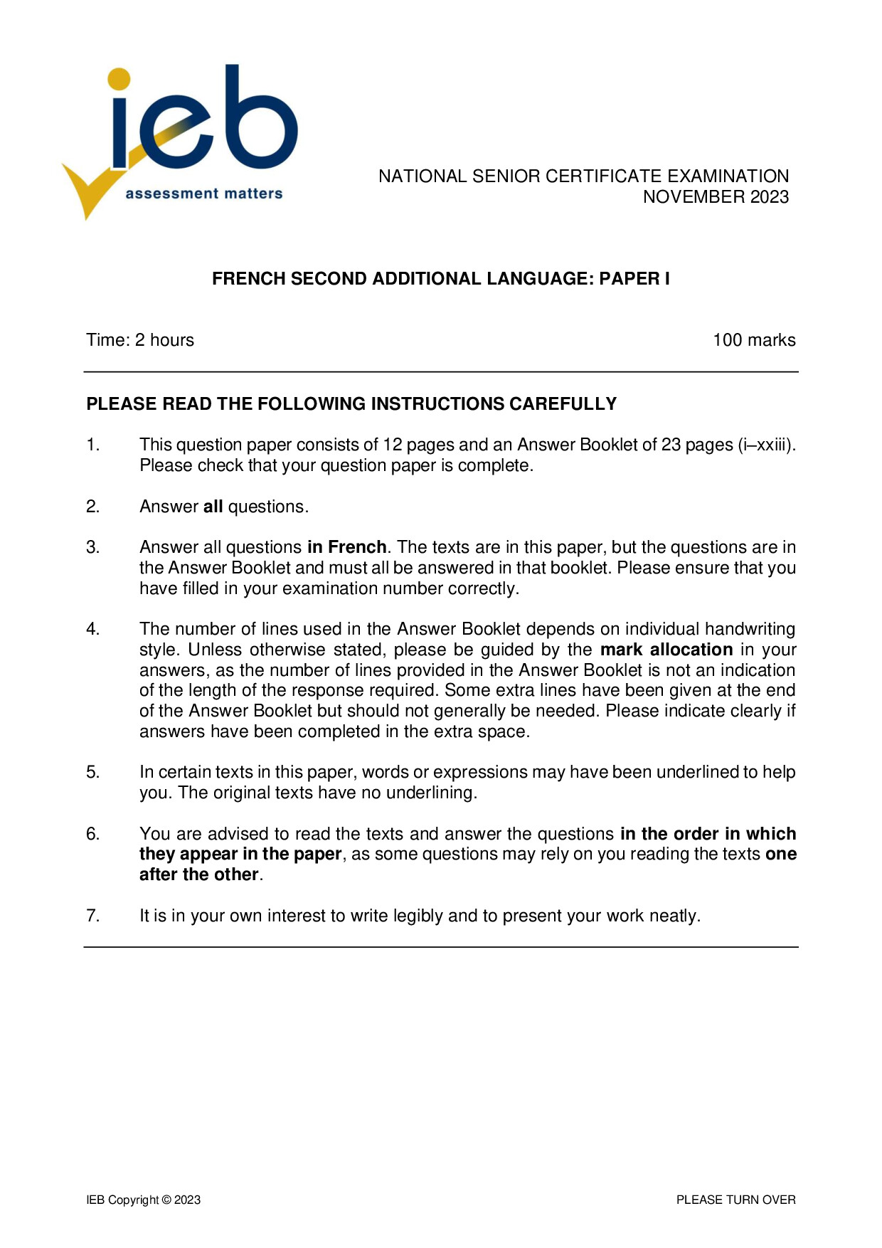 Preview of NSC French SAL P1 2023 Gr12