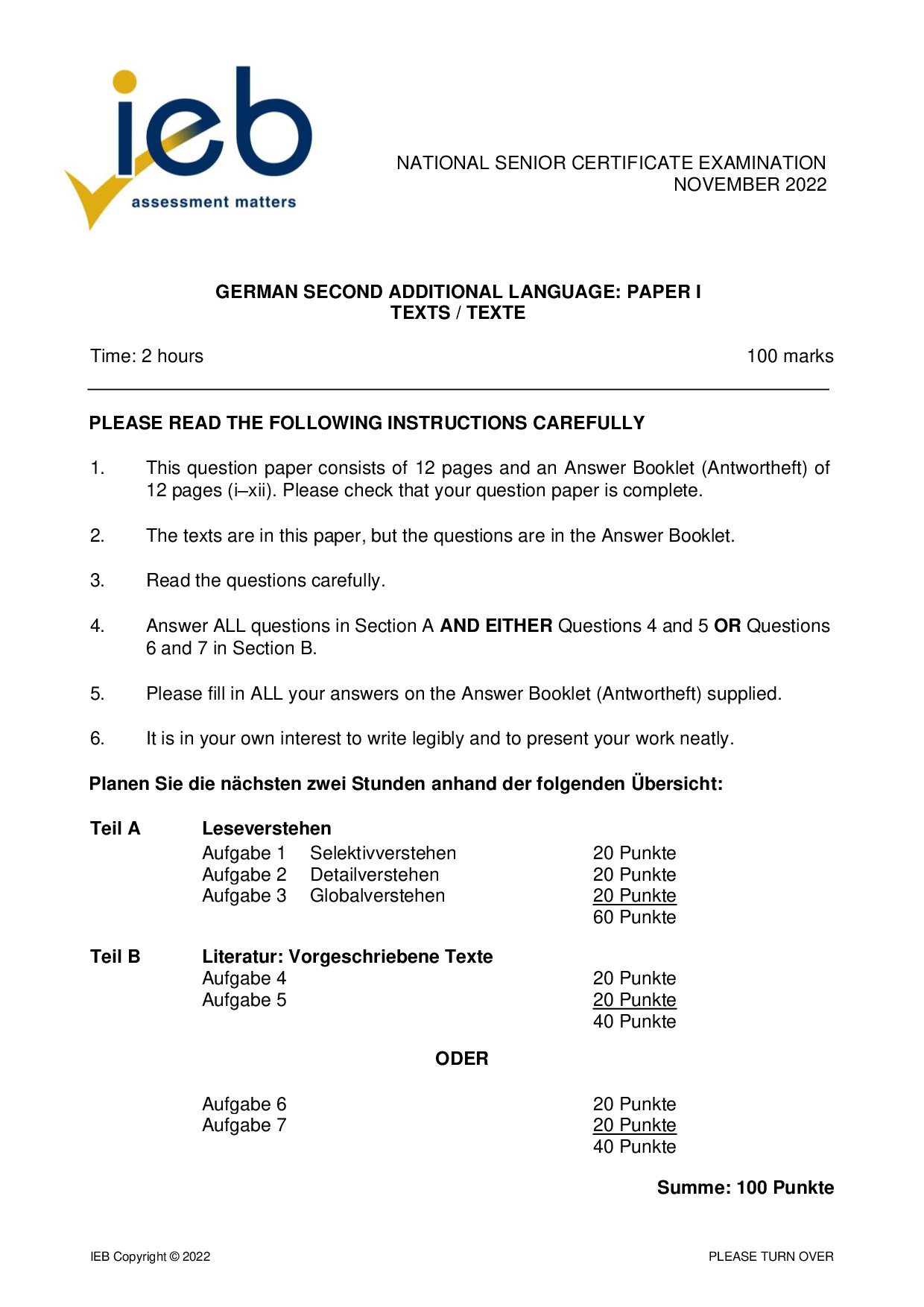 Preview of German SAL P1 2022 Gr12