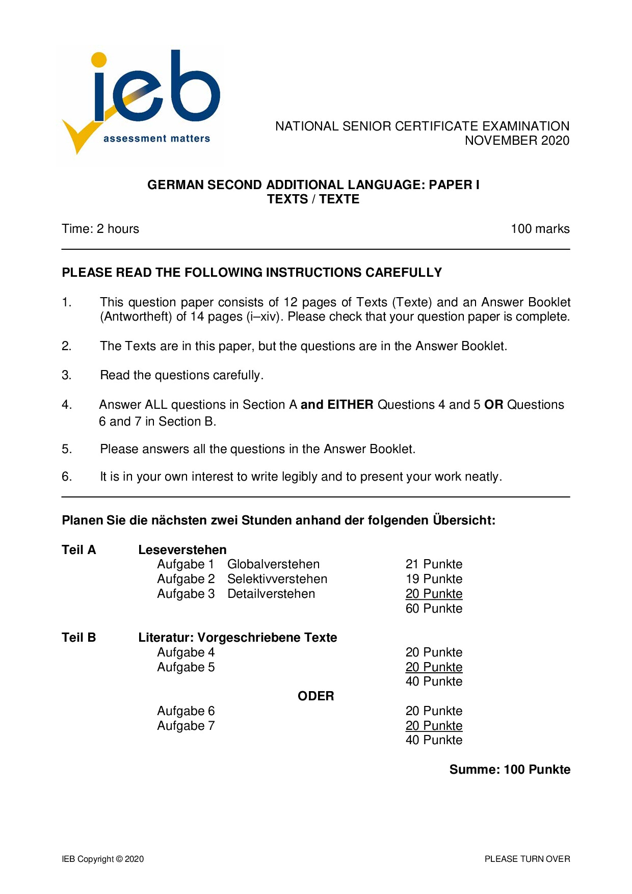 Preview of German SAL P1 2020 Gr12