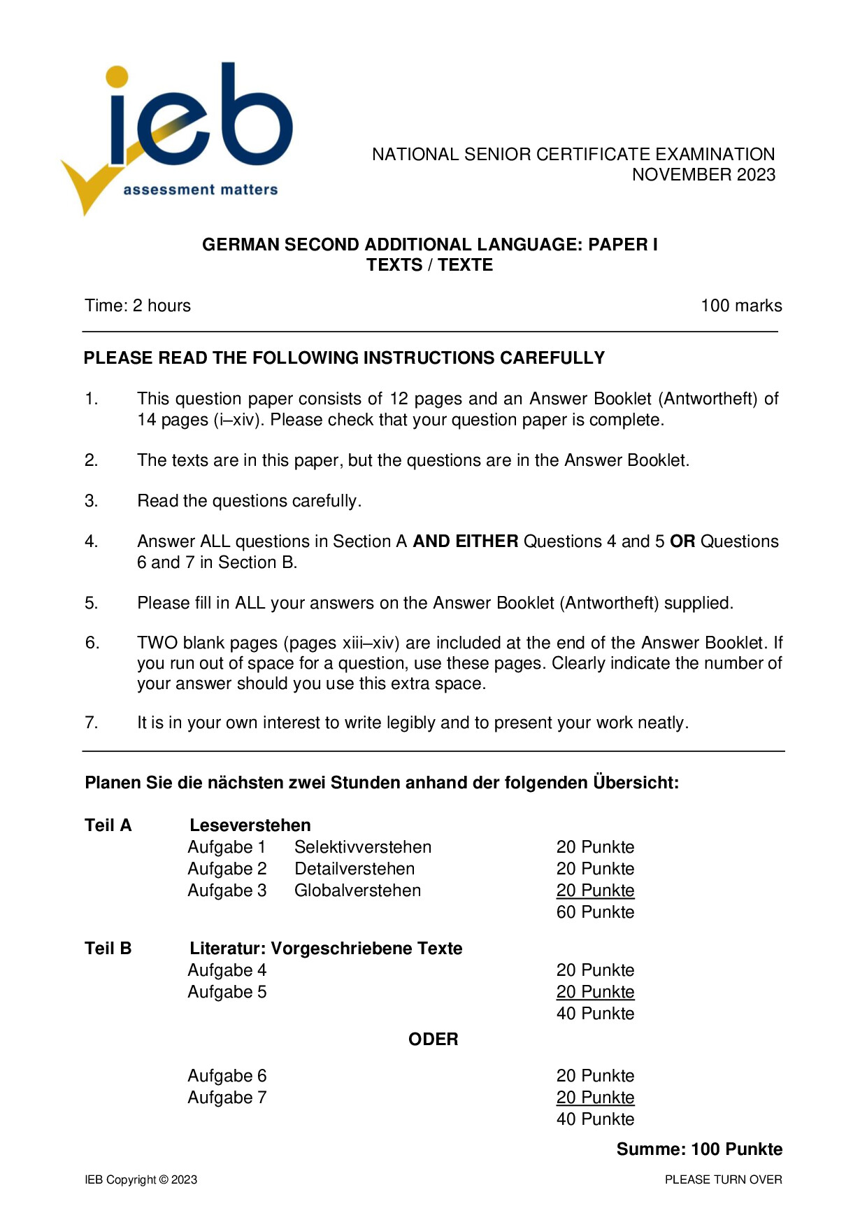 Preview of NSC German SAL P1 2023 Gr12