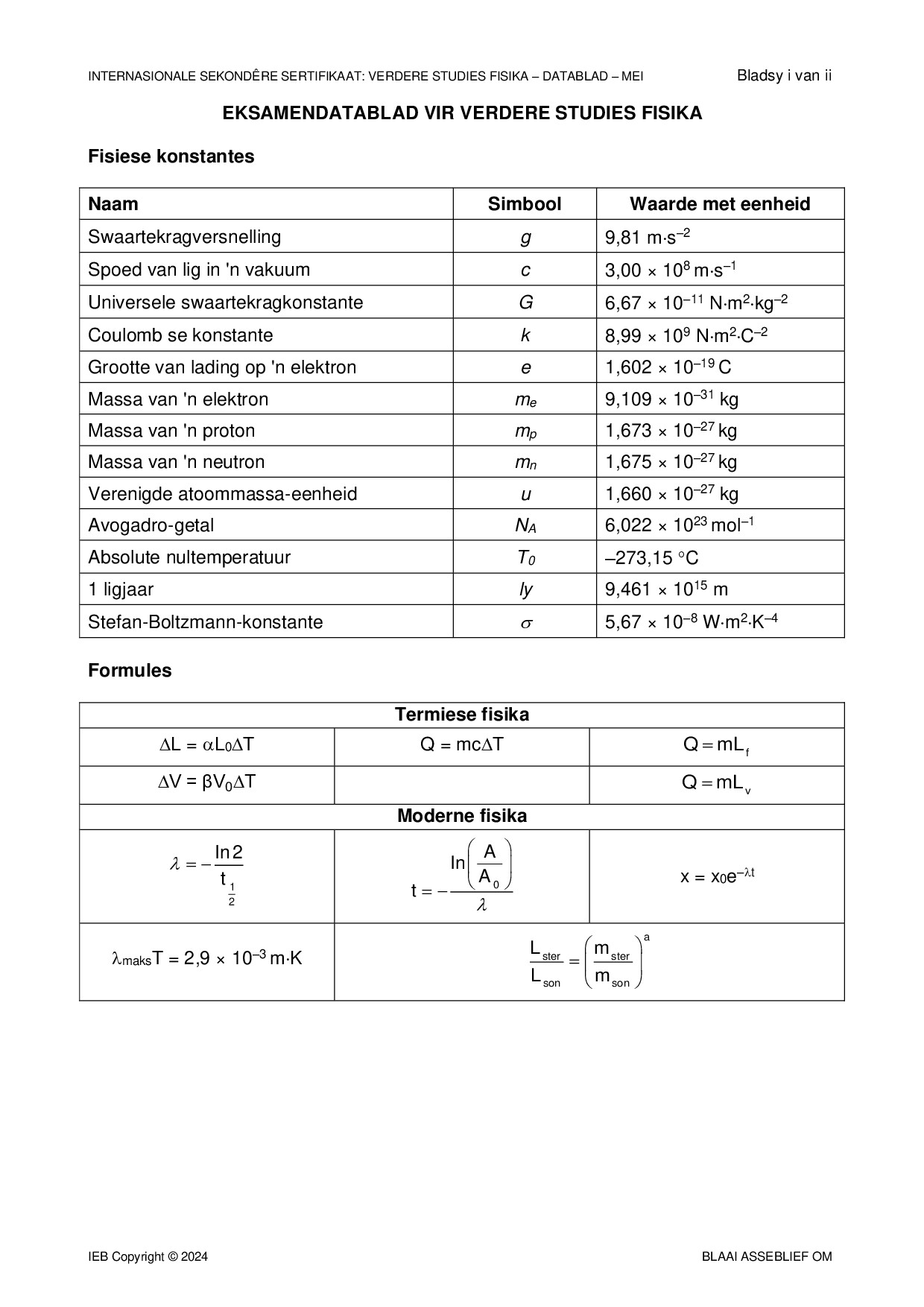 Preview of ISC Further Studies Physics Data Sheet May 2024 Afr Gr12