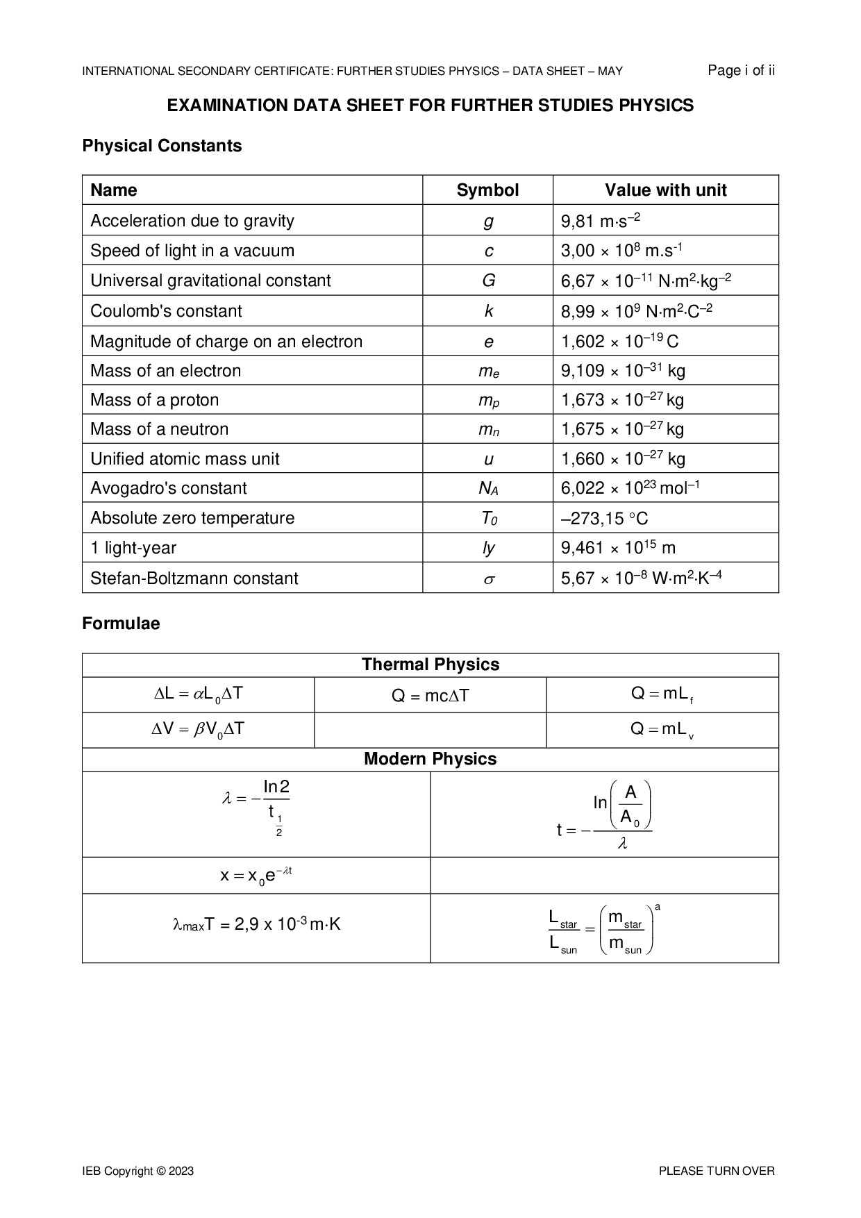 Preview of ISC Further Studies Physics Data Sheet  May 2023 Gr12