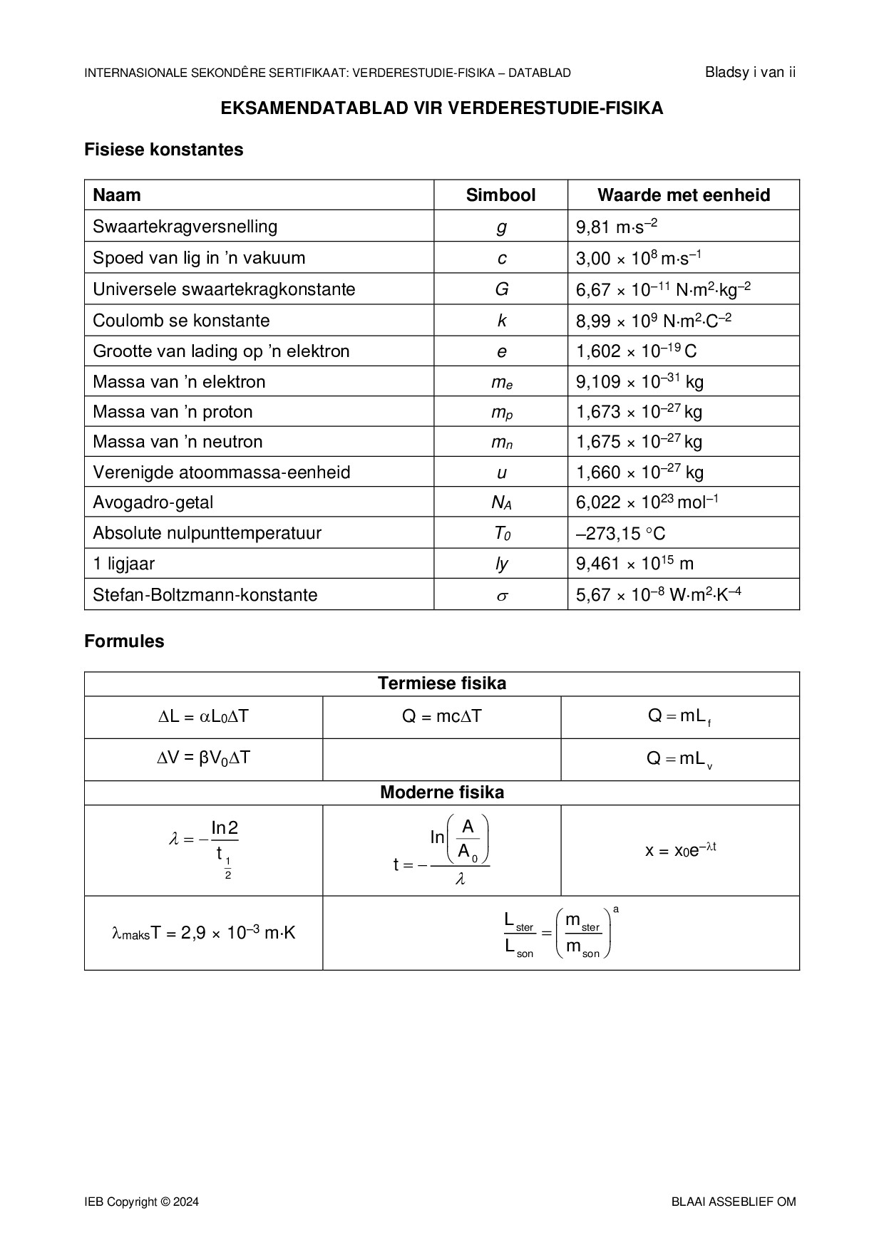 Preview of ISC Further Studies Physics Data Sheet 2024 Afr Gr12