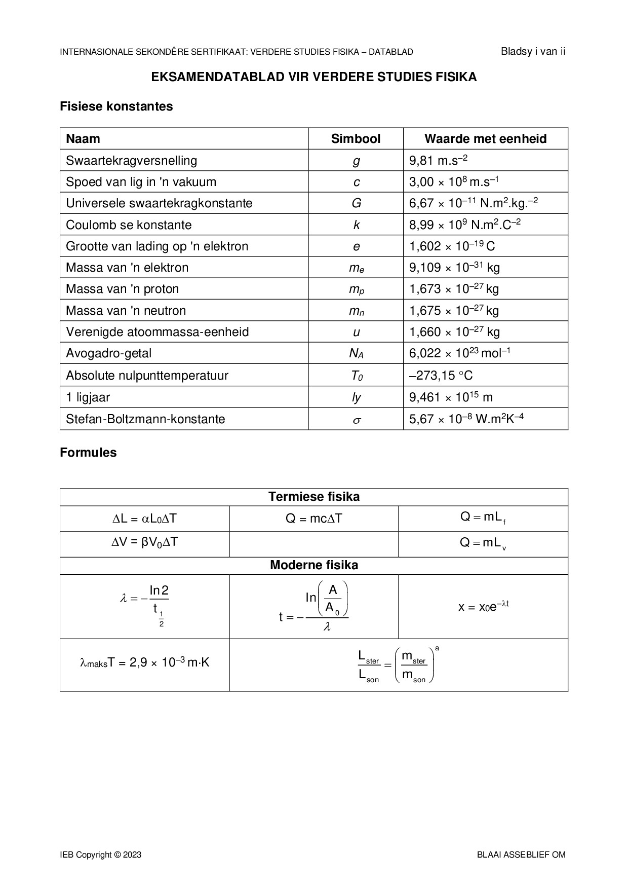 Preview of ISC Further Studies Physics Data Sheet 2023 Afr Gr12