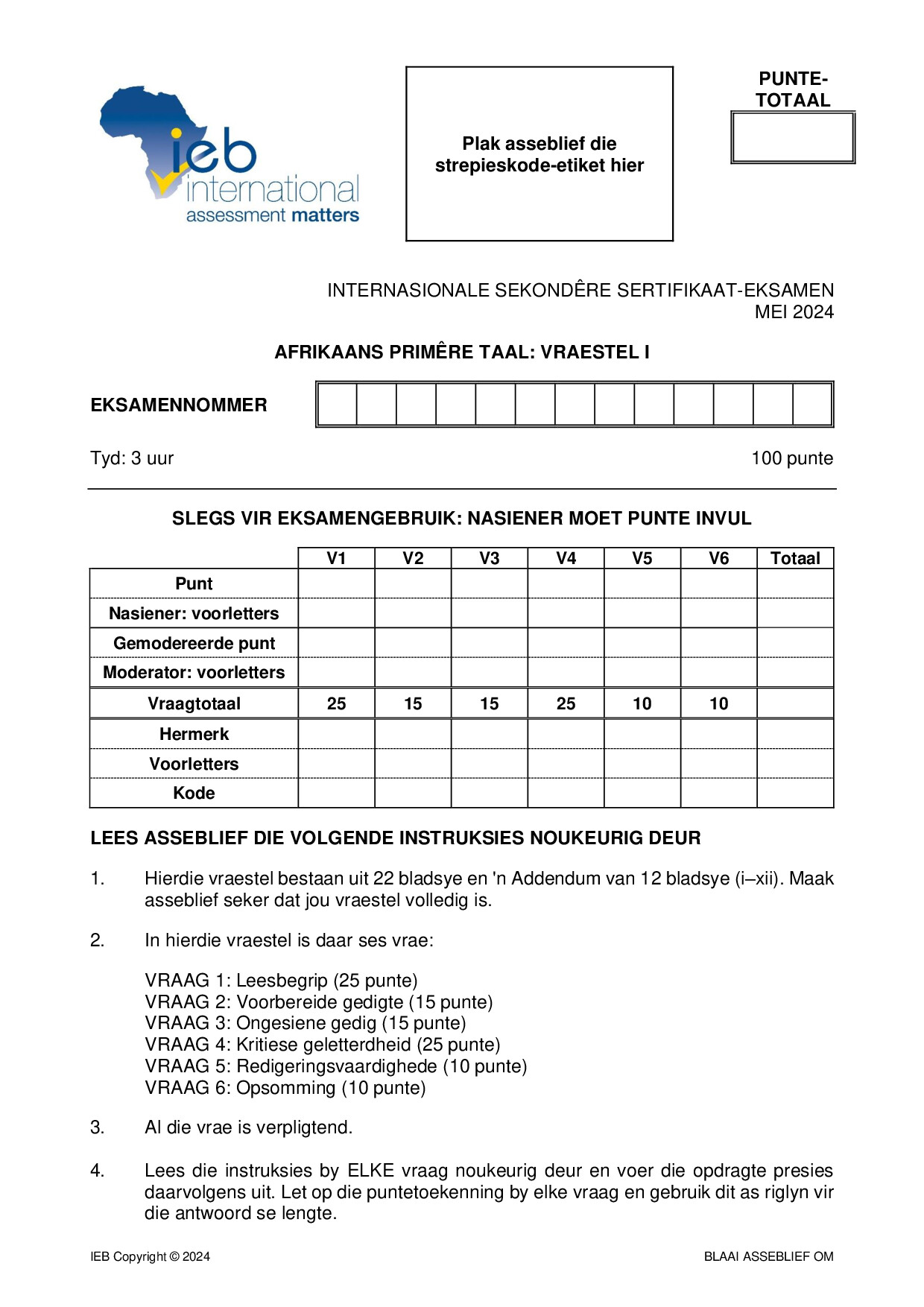 Preview of ISC Afrikaans PL P1 May 2024 Gr12