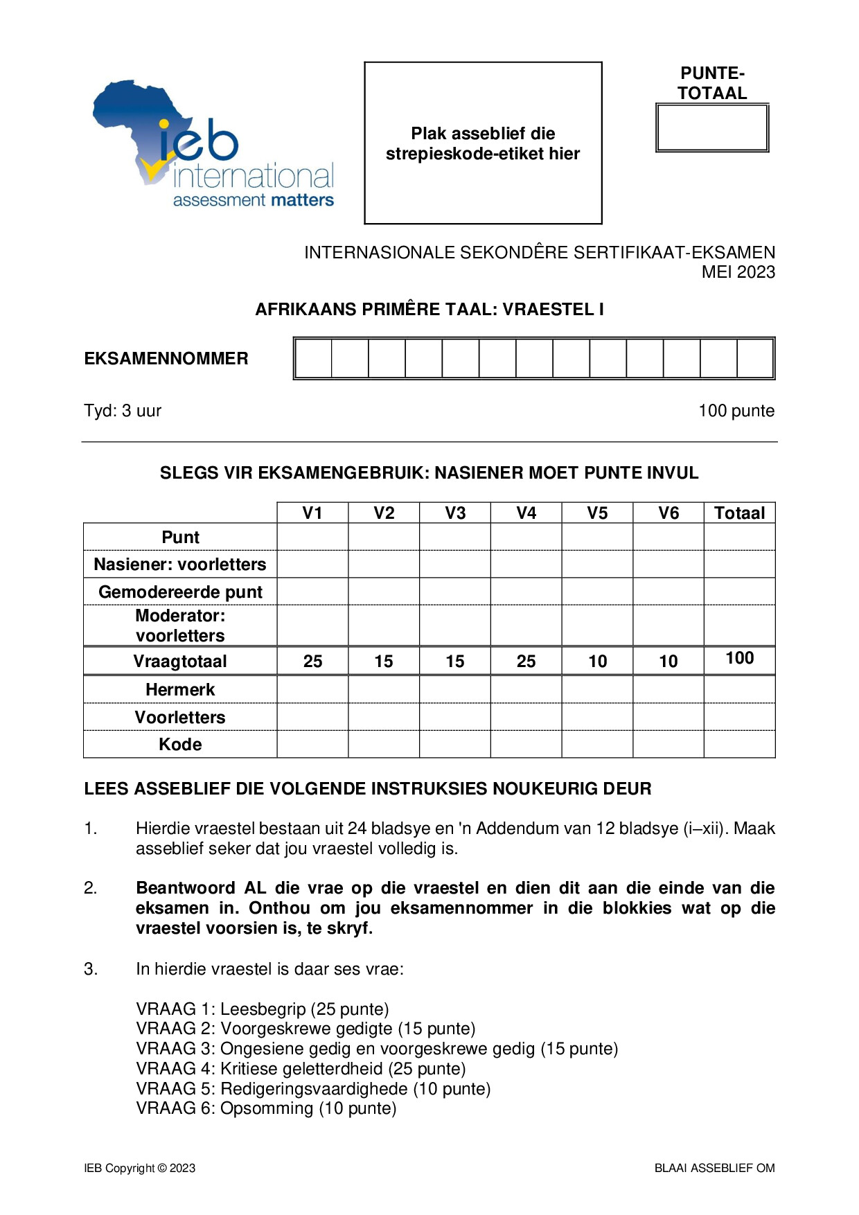 Preview of ISC Afrikaans PL P1 May 2023 Gr12