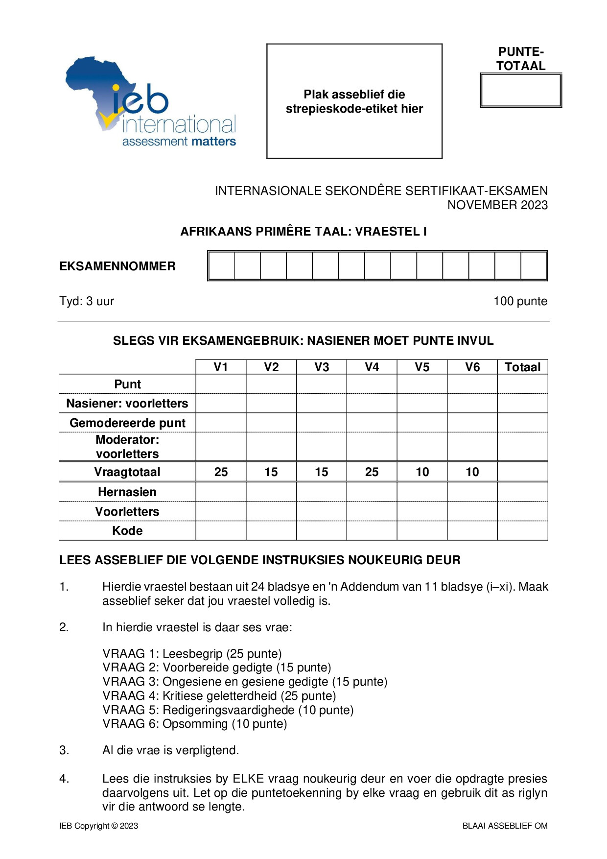 Preview of ISC Afrikaans PL P1 2023 Gr12