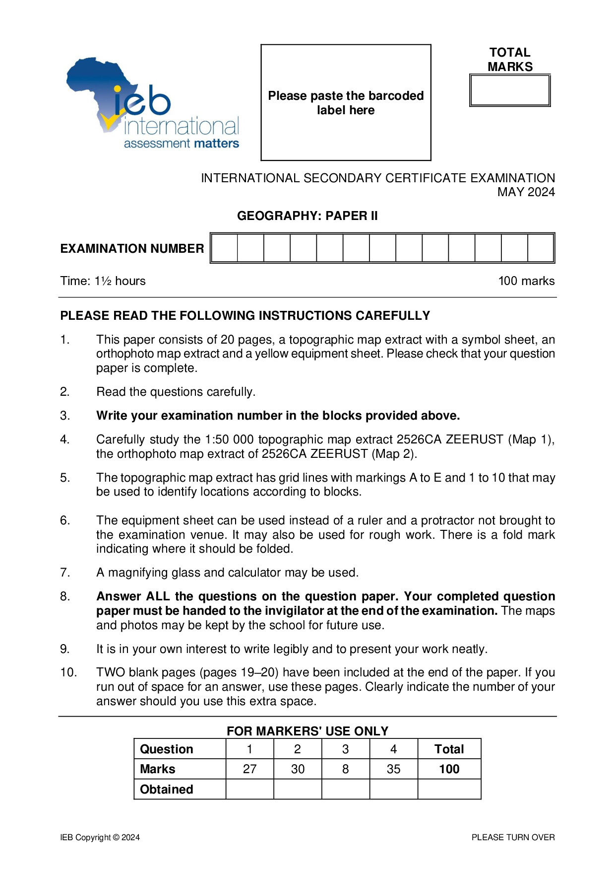 Preview of ISC Geography P2 May 2024 Gr12