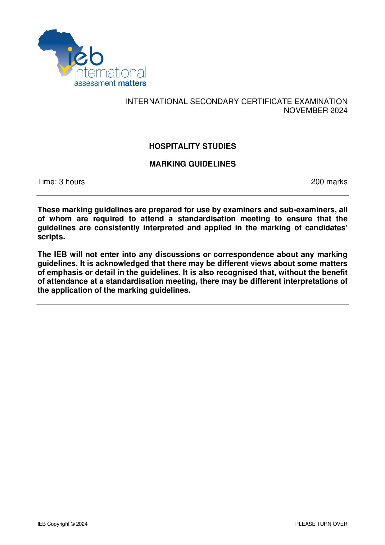 Preview of ISC Hospitality Studies Memo 2024 Gr12