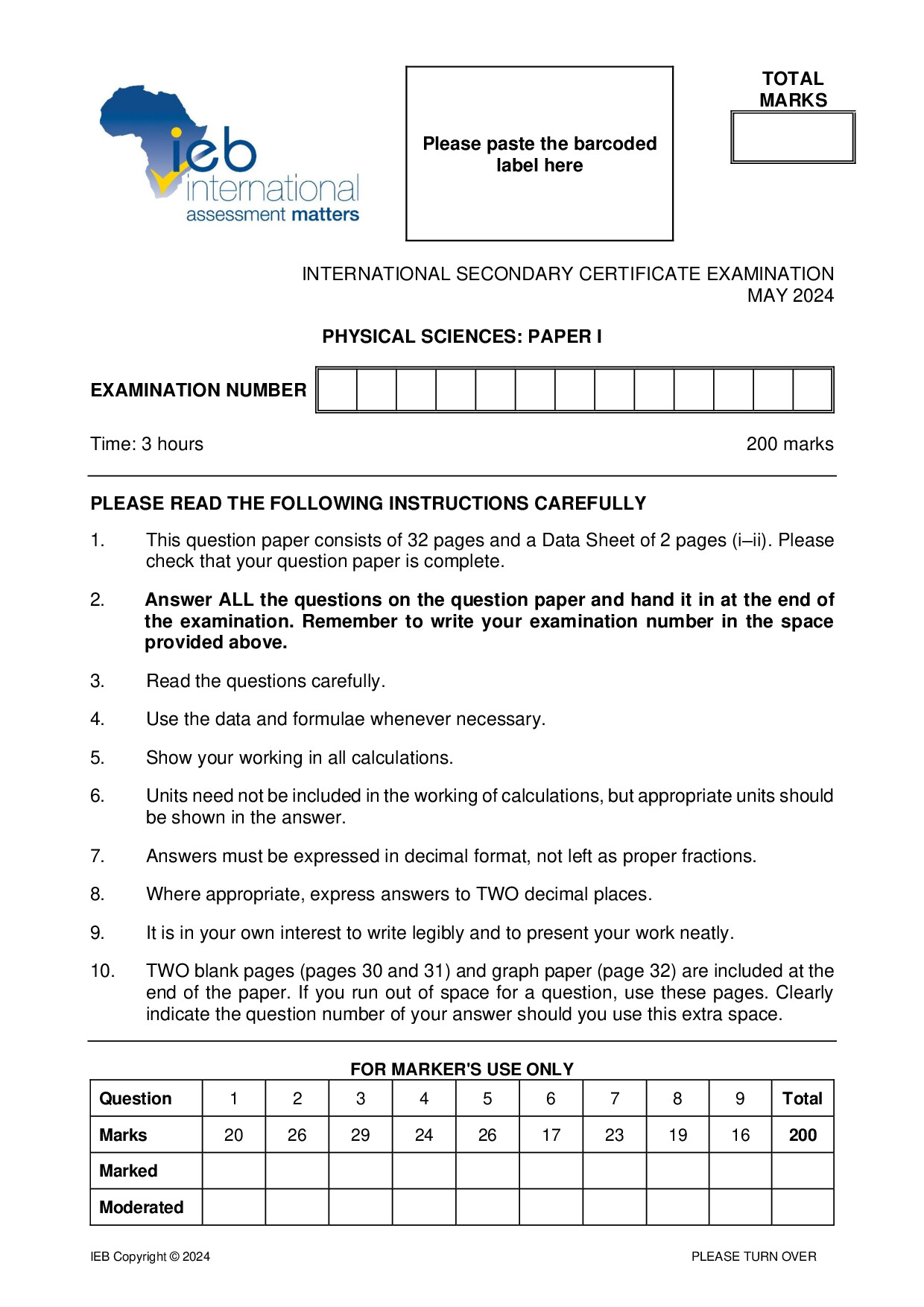 Preview of ISC Physical Sciences P1 May 2024 Gr12