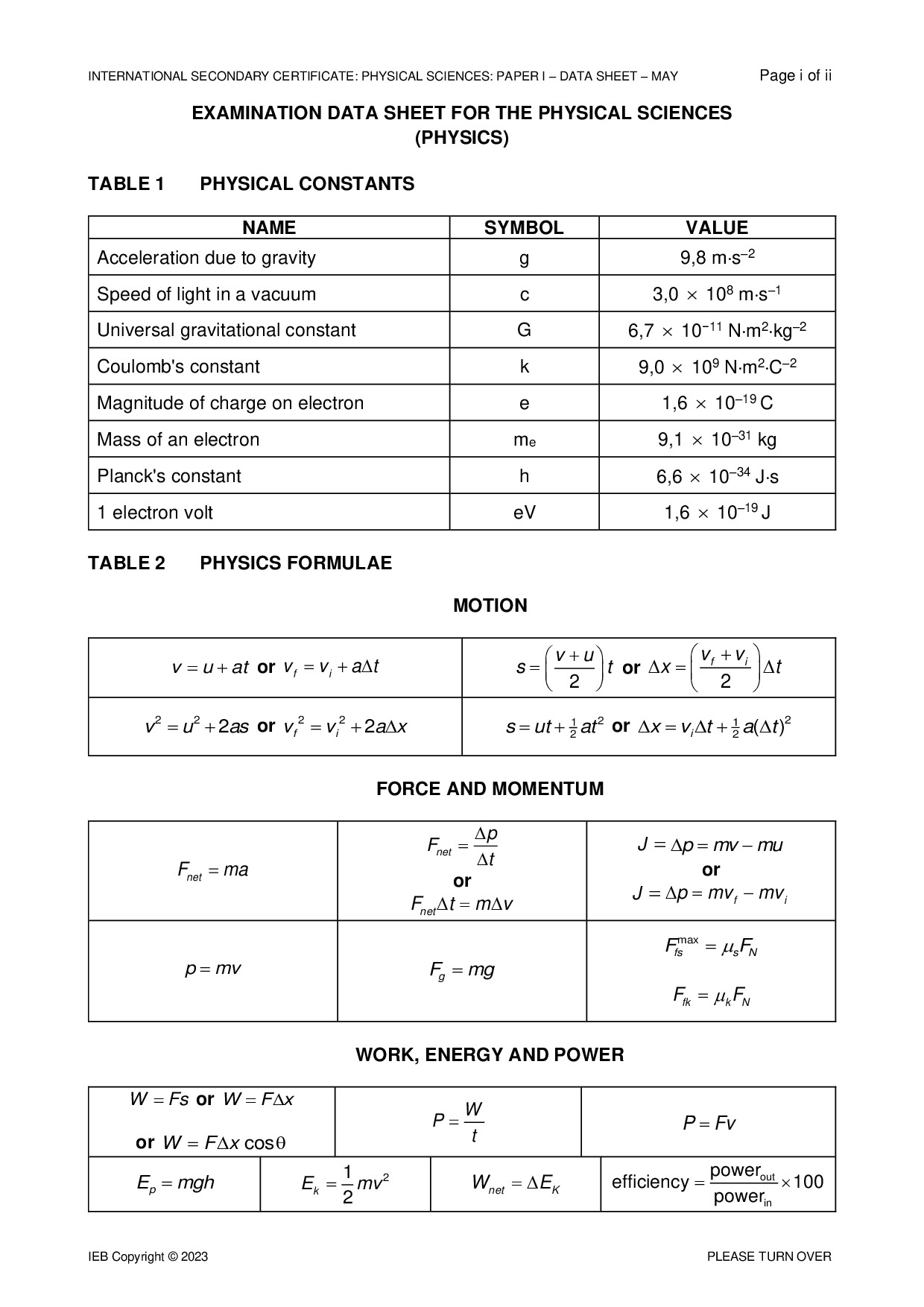 Preview of ISC Physical Sciences P1 Data Sheet May 2023 Gr12