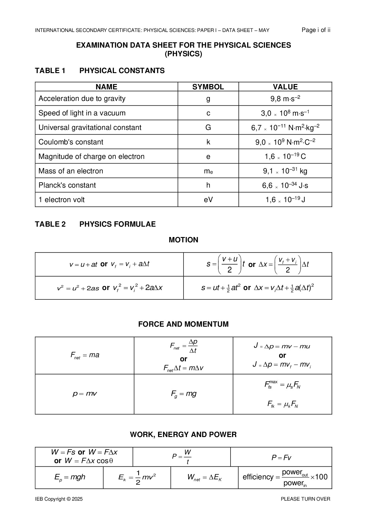 Preview of ISC Physical Sciences P1 Data Sheet May 2025 Gr12